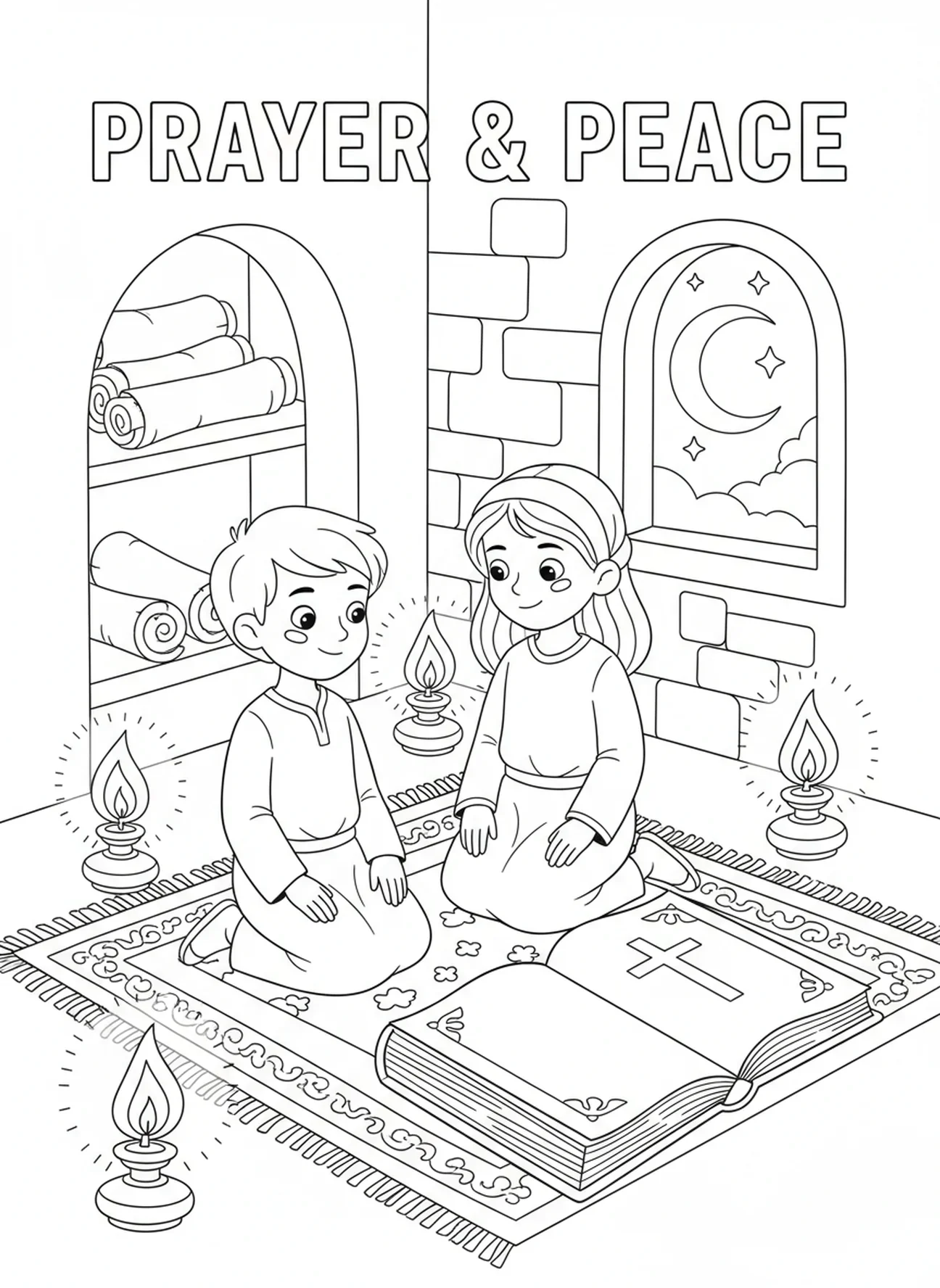 Enfants priant près de la Bible, page à colorier Bible ouverte avec croix pour les enfants de l'École du dimanche âgés de 5 à 12 ans.