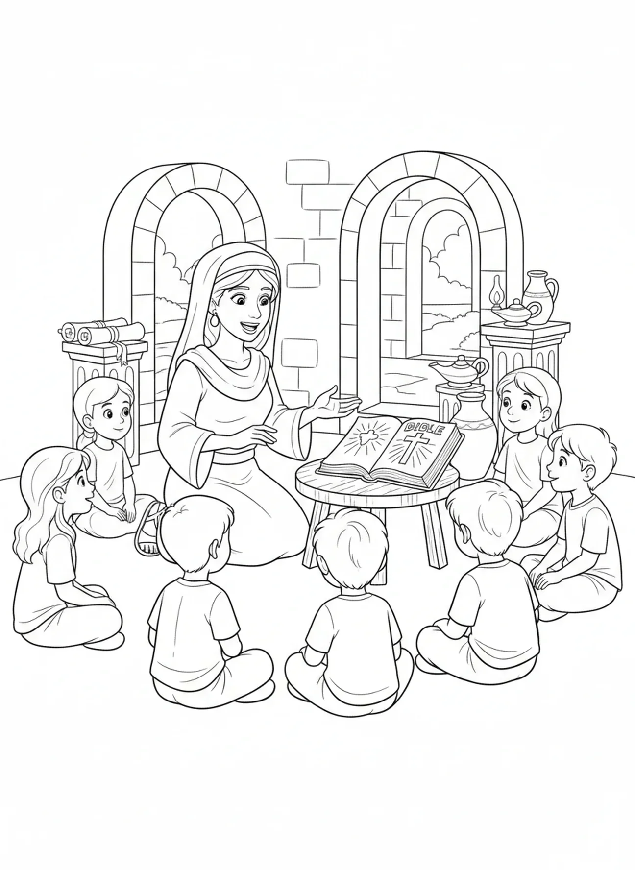 Enseignant expliquant la Bible, page à colorier Bible ouverte avec croix pour les enfants de catéchisme âgés de 5 à 12 ans.