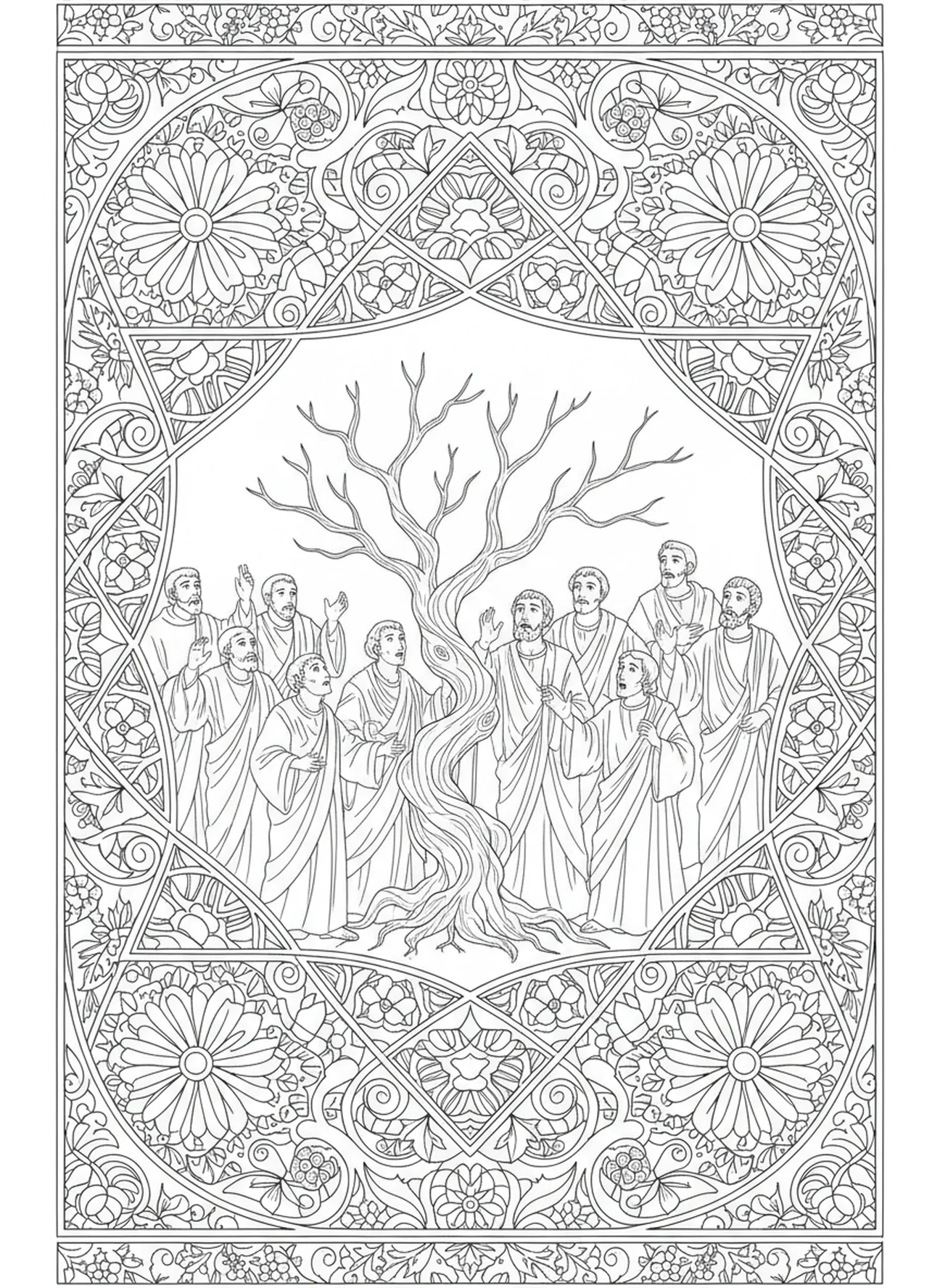 Disciples émerveillés devant le figuier, page à colorier de la parabole du figuier pour le journal biblique style adulte