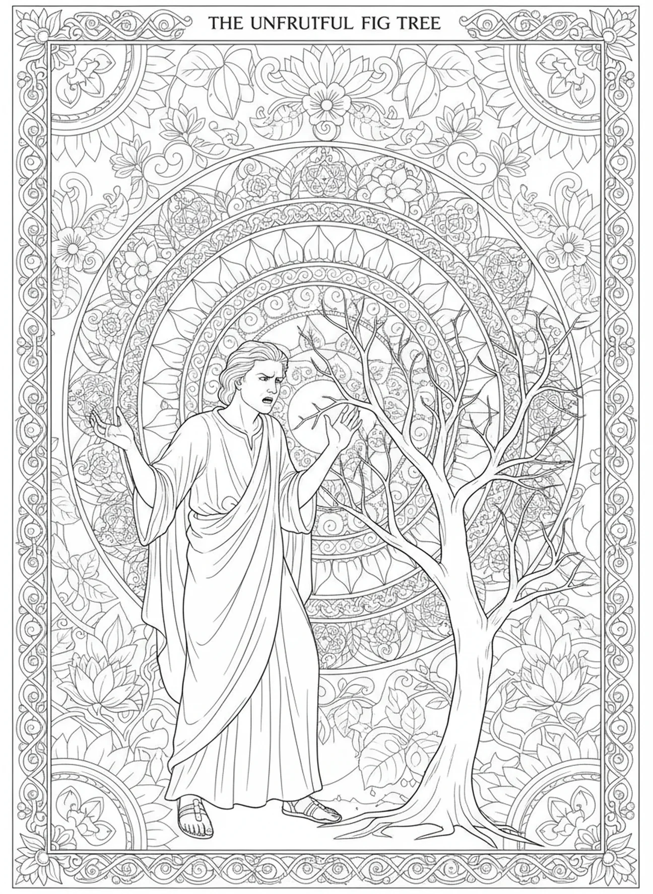Figure frustrée maudissant le figuier, page à colorier de la parabole du figuier pour le journaling biblique pour adultes