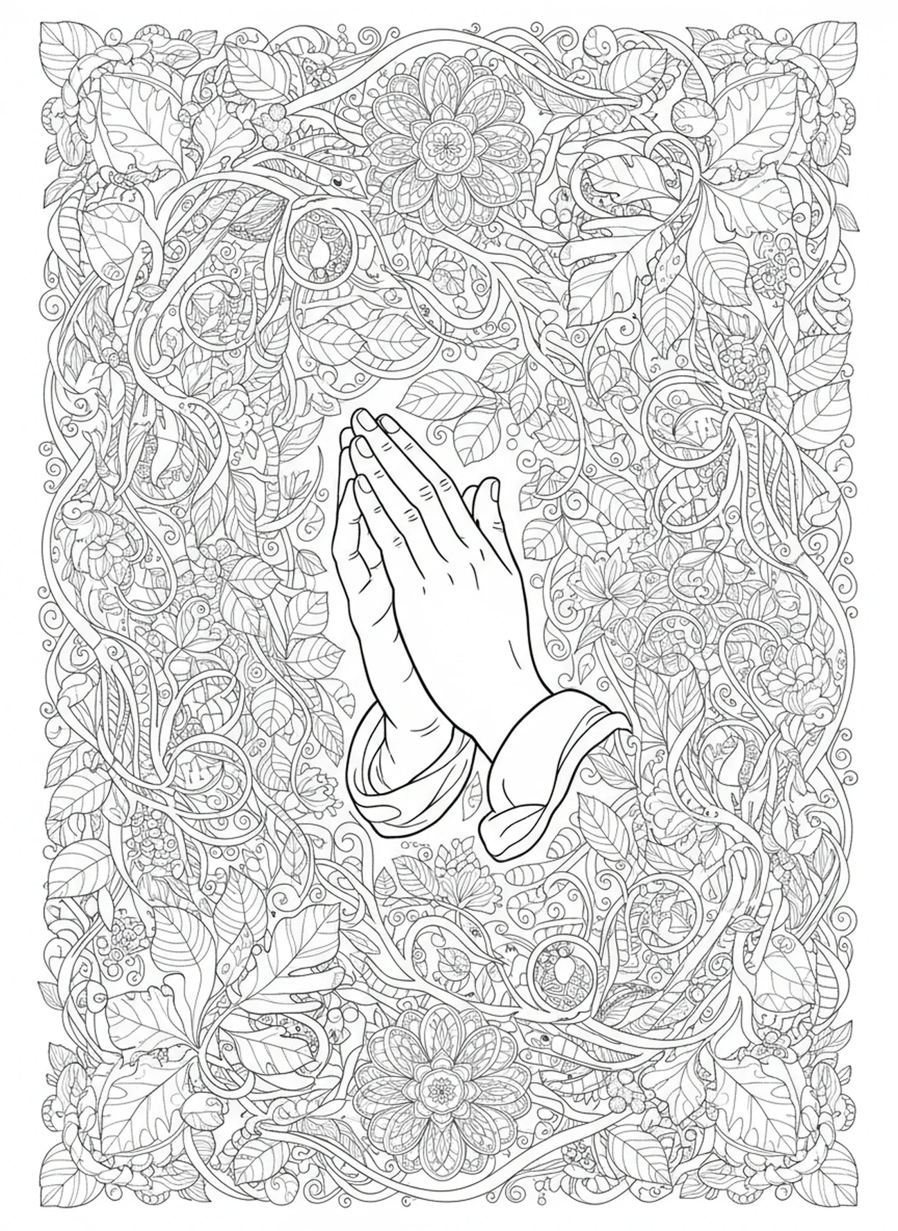 Mains en prière symbolisant la foi, page à colorier sur la parabole du figuier pour le journal biblique des adultes