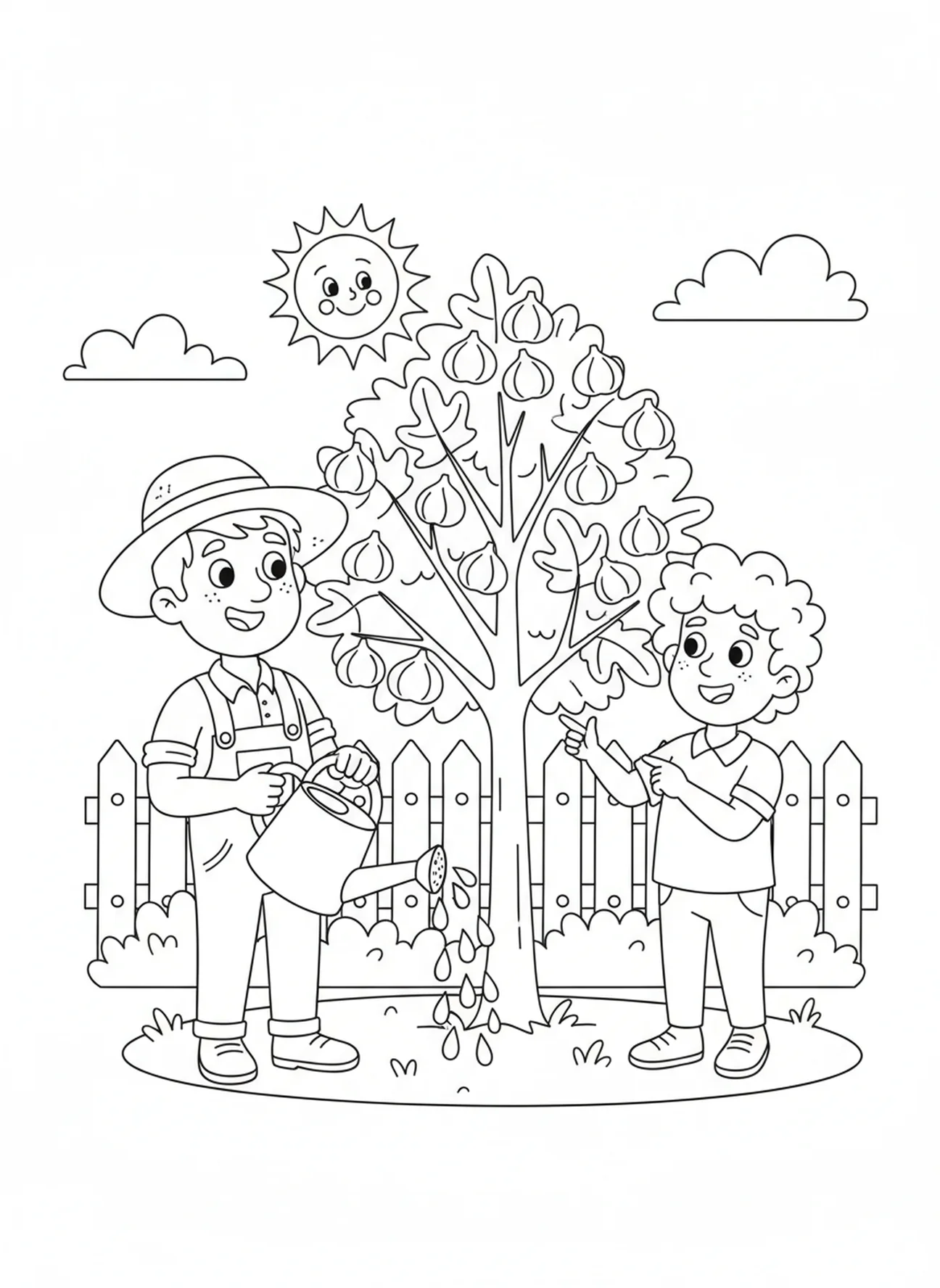 Agricultor regando a figueira com esperança, página de colorir da Parábola da Figueira para crianças de 5 a 10 anos