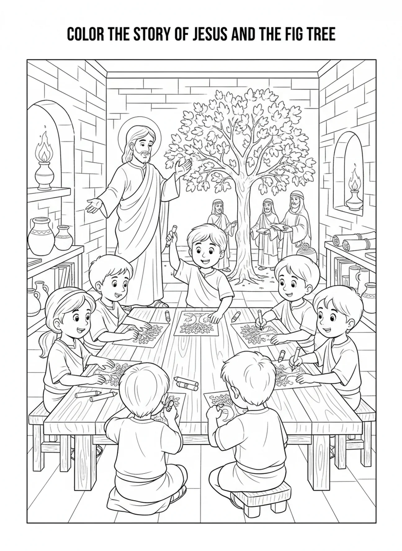 Enfants coloriant la scène du figuier, page à colorier de la parabole du figuier pour les enfants de l'École du dimanche âgés de 5 à 12 ans.