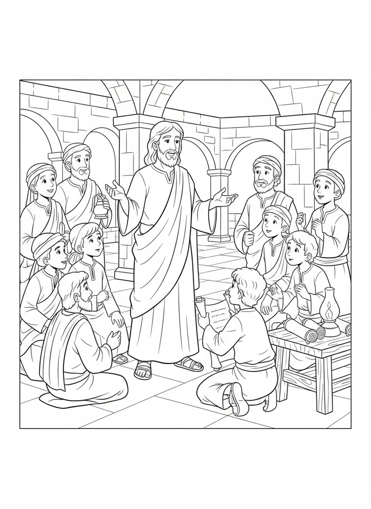 Disciples rassemblés autour de Jésus, page à colorier de la parabole du figuier pour les enfants de l'École du dimanche âgés de 5 à 12 ans.