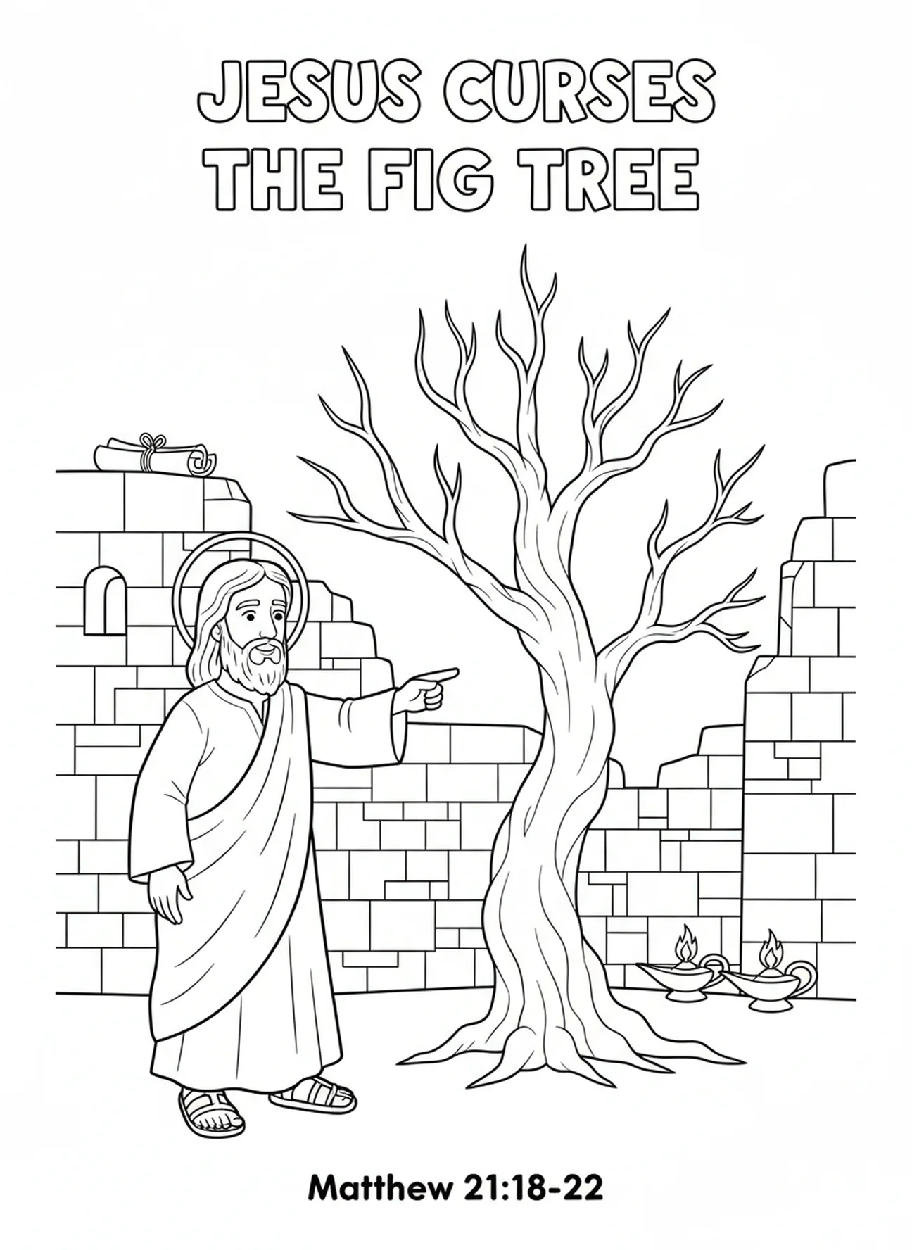 Figuier stérile avec Jésus qui pointe, page à colorier de la parabole du figuier pour les enfants de l'École du dimanche âgés de 5 à 12 ans.