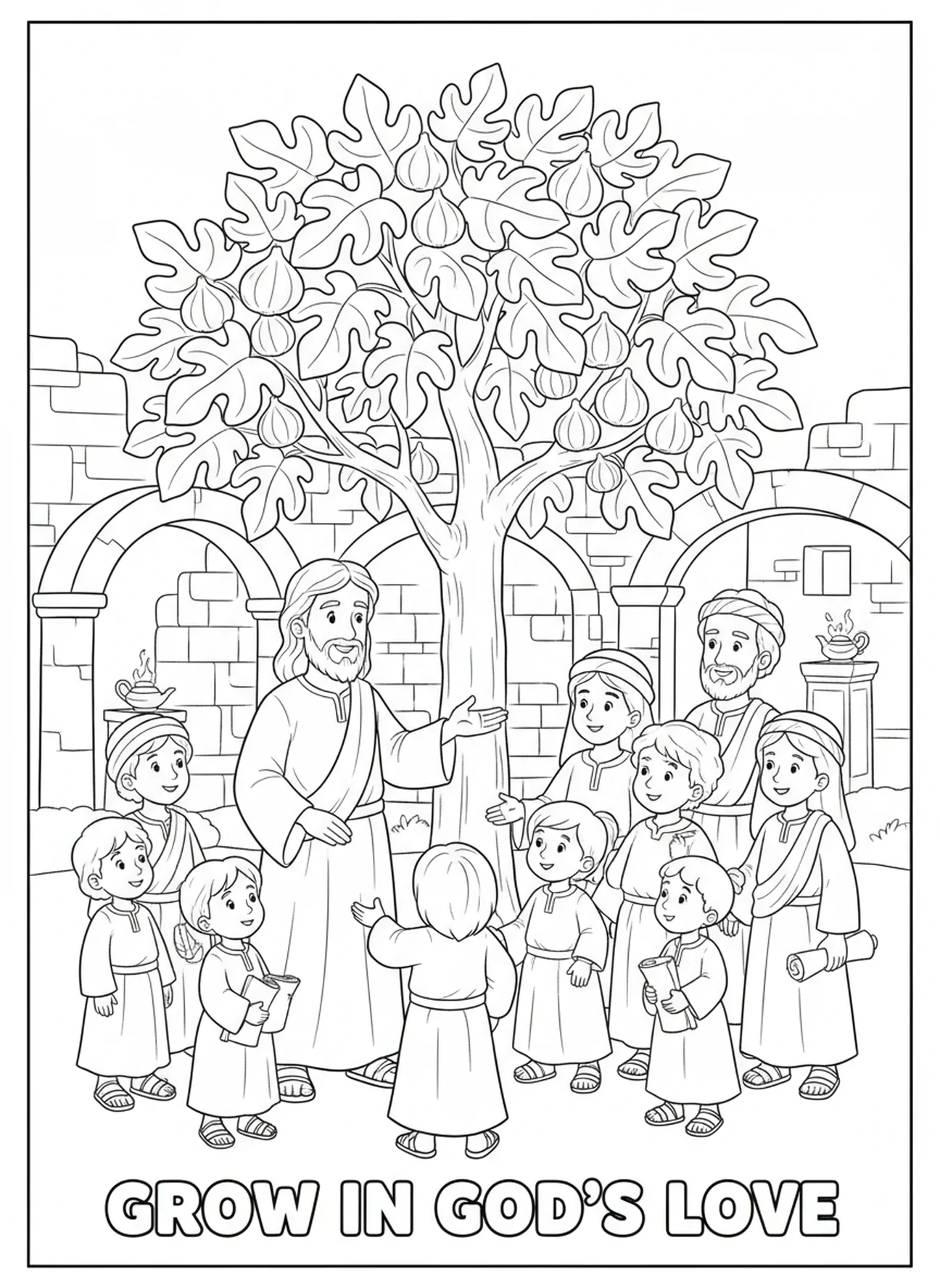 Un figuier luxuriant avec Jésus encourageant la croissance, page à colorier de la Parabole du Figuier pour les enfants de l'École du dimanche âgés de 5 à 12 ans.