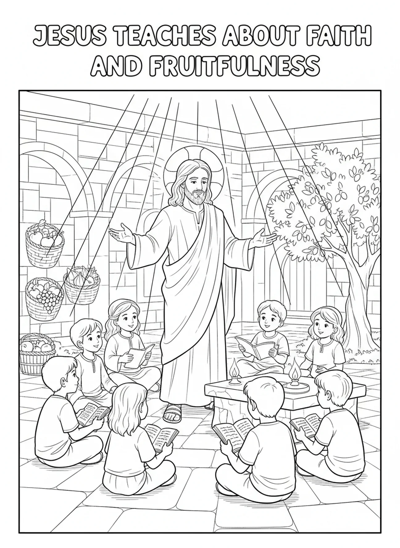 Jésus enseignant une leçon morale, page à colorier sur la parabole du figuier pour les enfants de l'École du dimanche âgés de 5 à 12 ans.