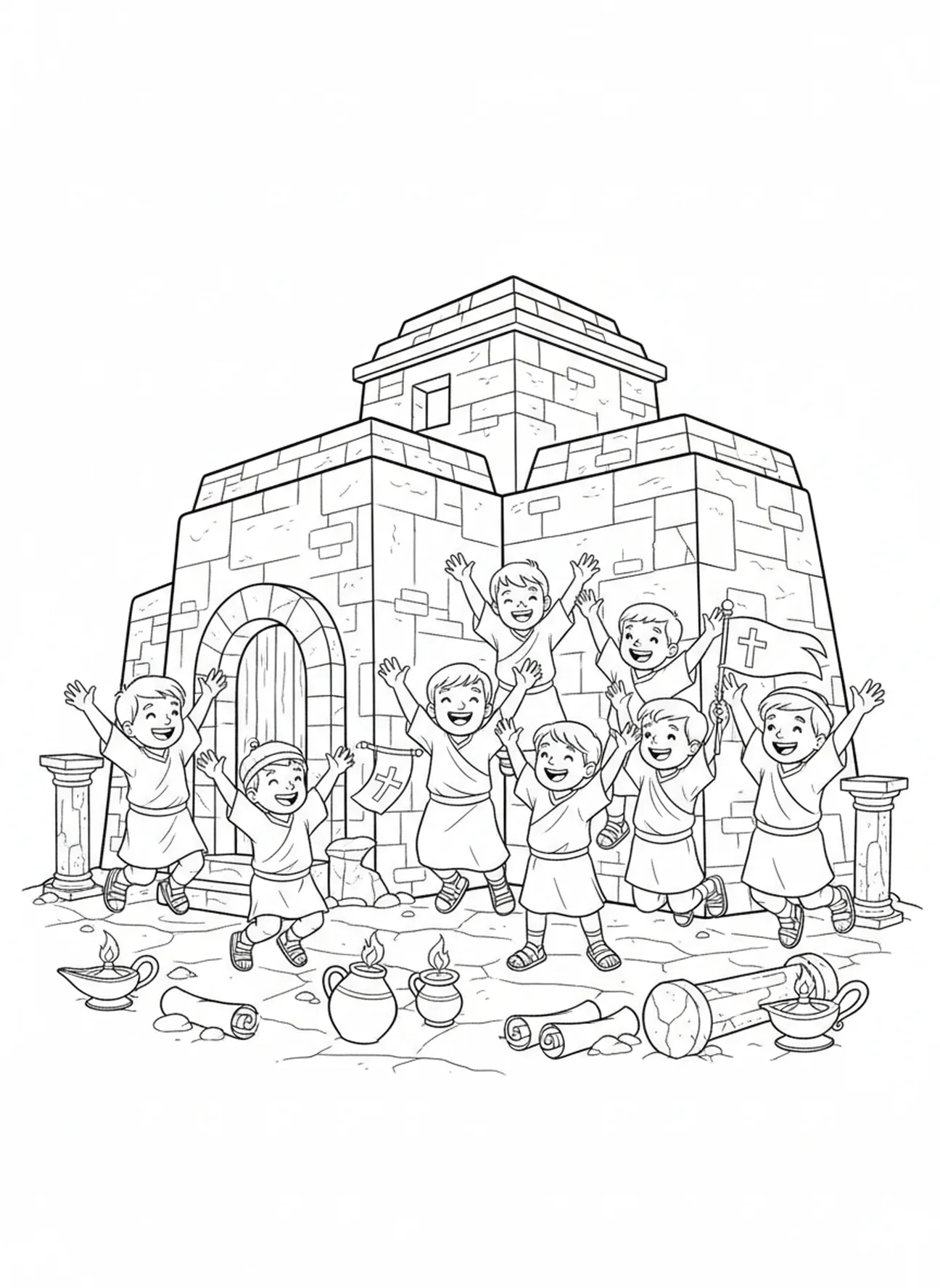 Enfants joyeux, page à colorier du constructeur insensé pour les enfants de l'École du dimanche âgés de 5 à 12 ans