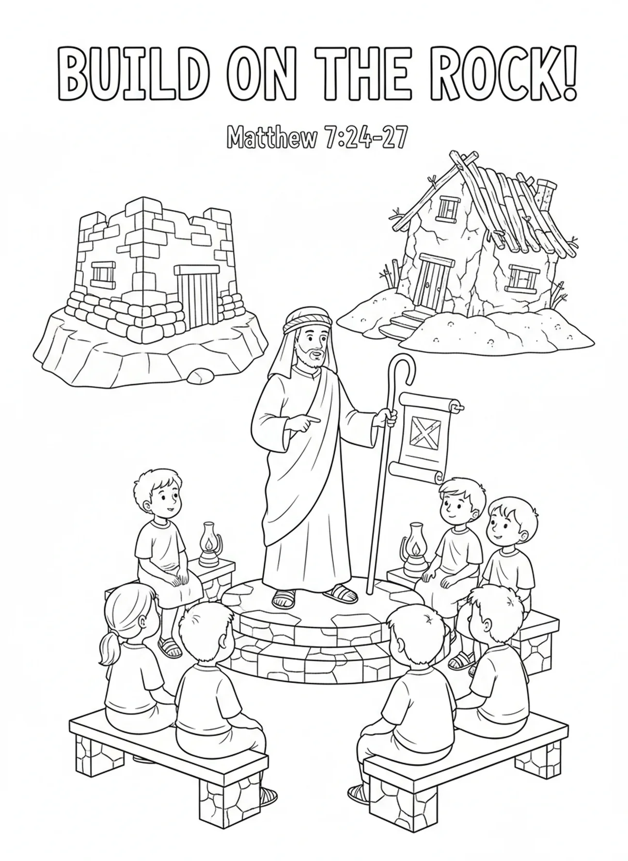 Enseignant expliquant, page à colorier du constructeur insensé sur le sable pour les enfants de l'École du dimanche âgés de 5 à 12 ans