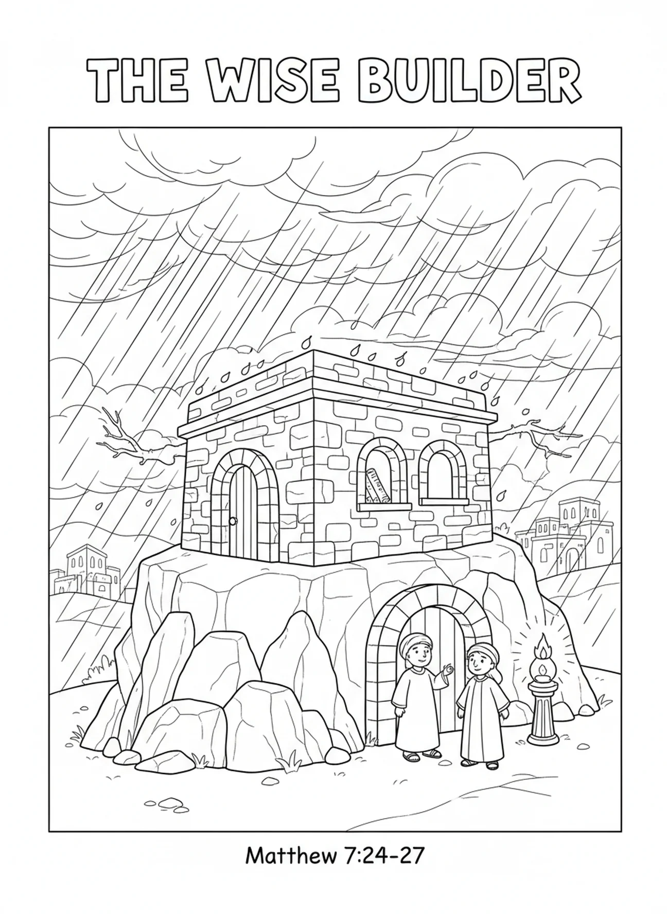 Maison en pierre solide, page à colorier du constructeur insensé sur le sable pour les enfants de l'École du dimanche âgés de 5 à 12 ans