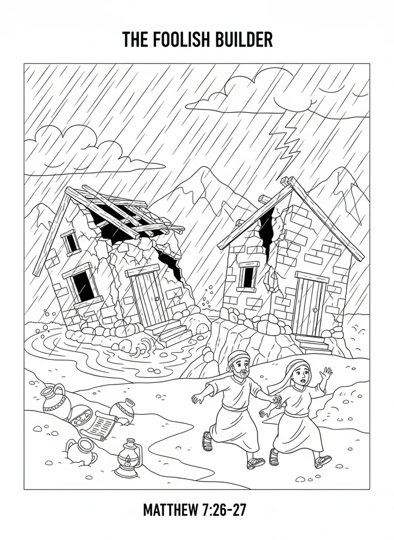 Maison en ruine, page à colorier du constructeur insensé sur le sable pour les enfants de l'École du dimanche âgés de 5 à 12 ans