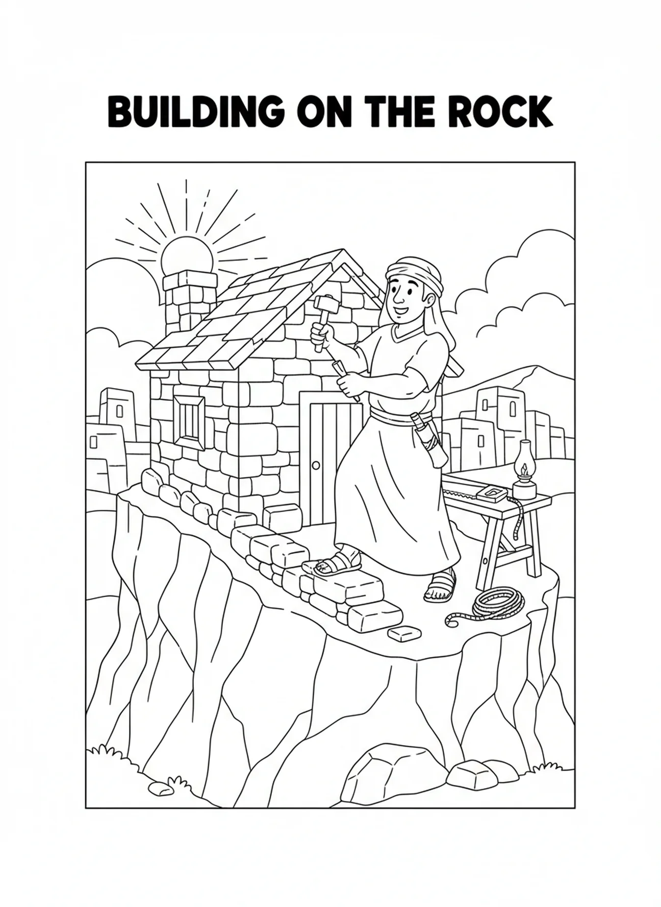 Page à colorier du constructeur confiant, constructeur insensé pour les enfants de l'École du dimanche âgés de 5 à 12 ans