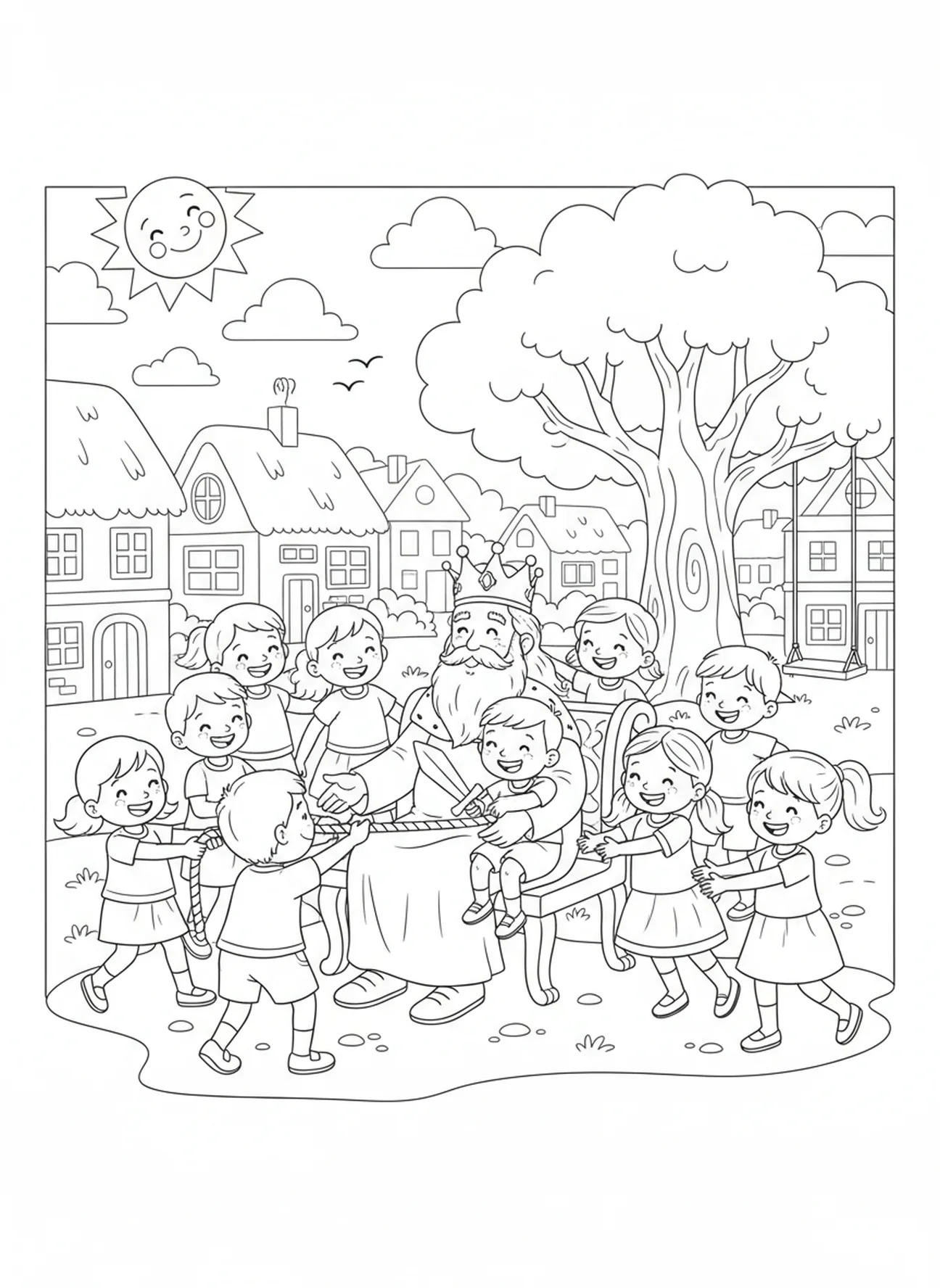 Guter König spielt mit Kindern, Ausmalbild vom guten König für Kinder im Alter von 5-10 Jahren.