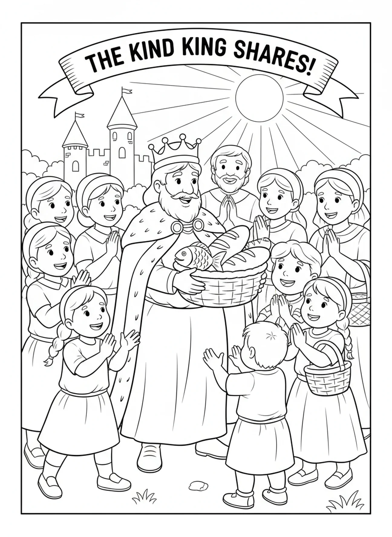 Guter König verteilt Essen, Ausmalbild vom guten König für Kinder im Alter von 5-10 Jahren.
