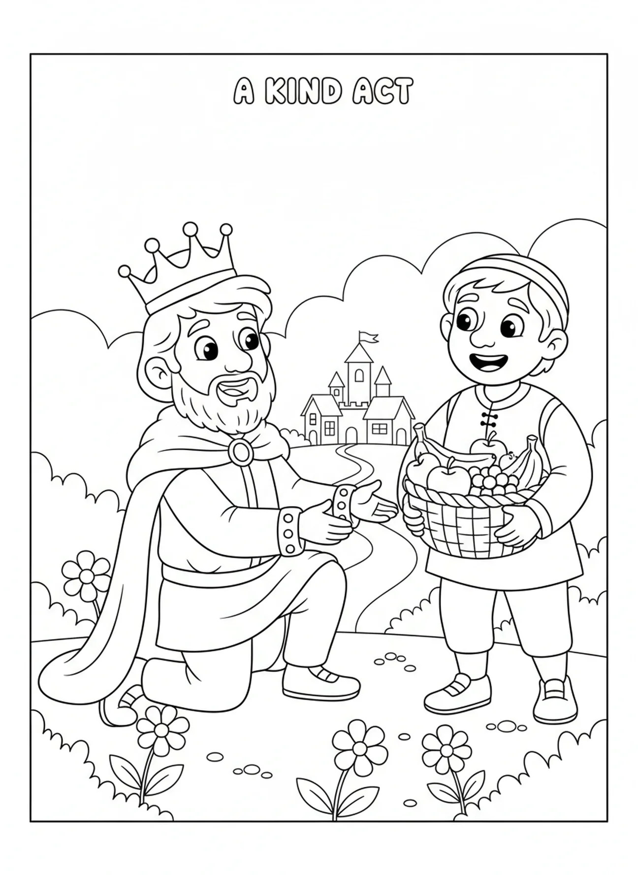 Guter König hilft Dorfbewohner, Ausmalbild für Kinder im Alter von 5-10 Jahren.