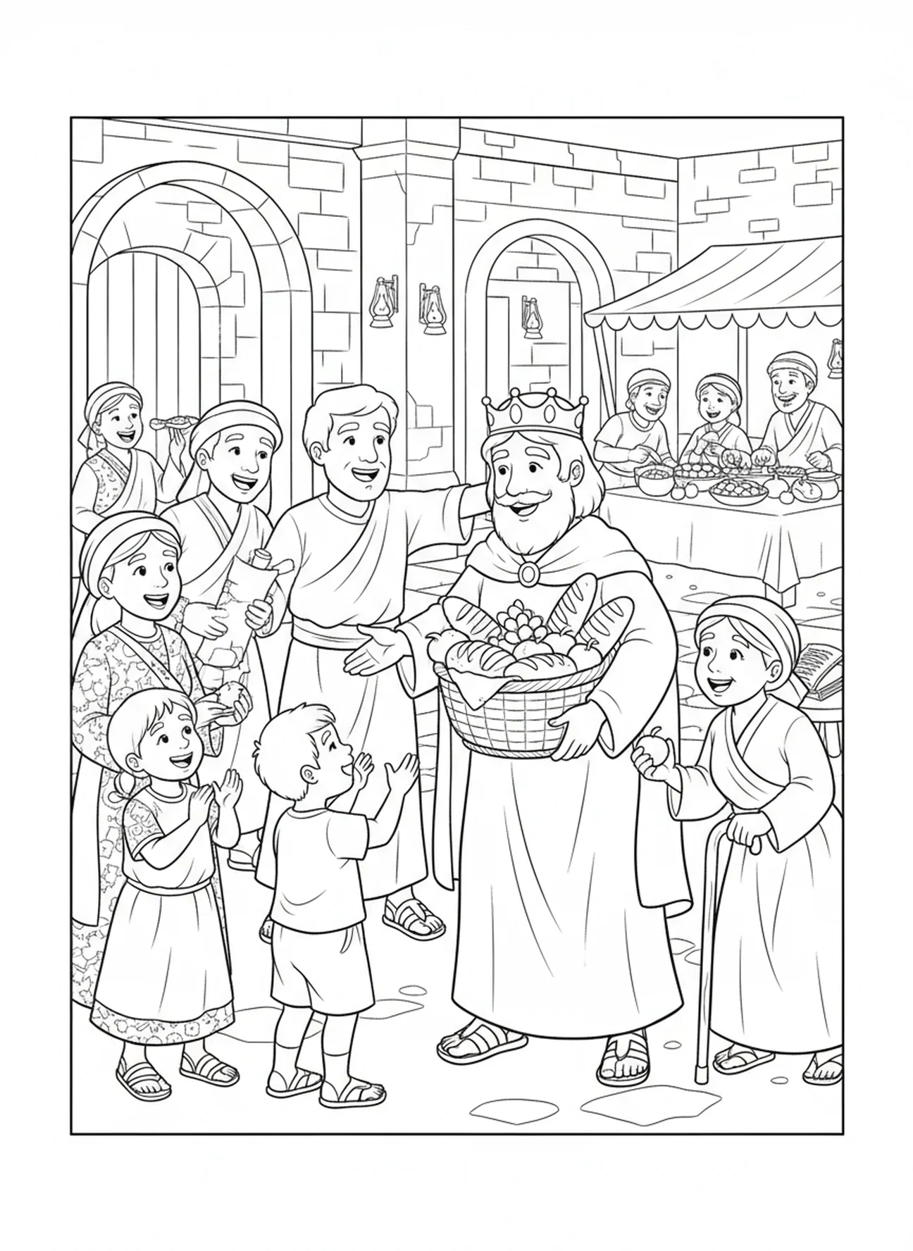 Guter König hilft den Menschen, Ausmalbild für die Sonntagsschule für Kinder im Alter von 5-12 Jahren