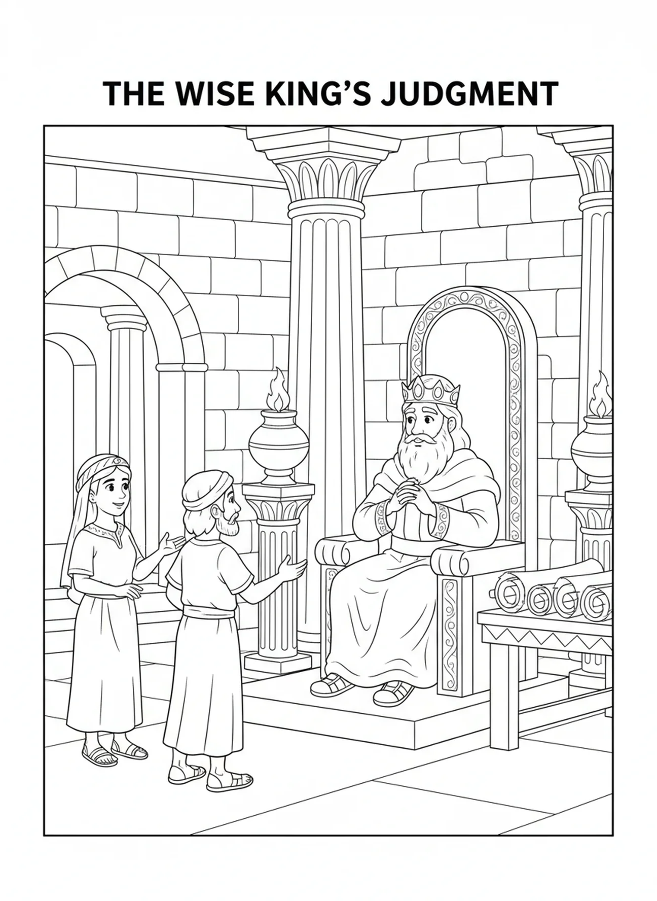 Guter König trifft Urteile, Ausmalbild für die Sonntagsschule für Kinder im Alter von 5-12 Jahren