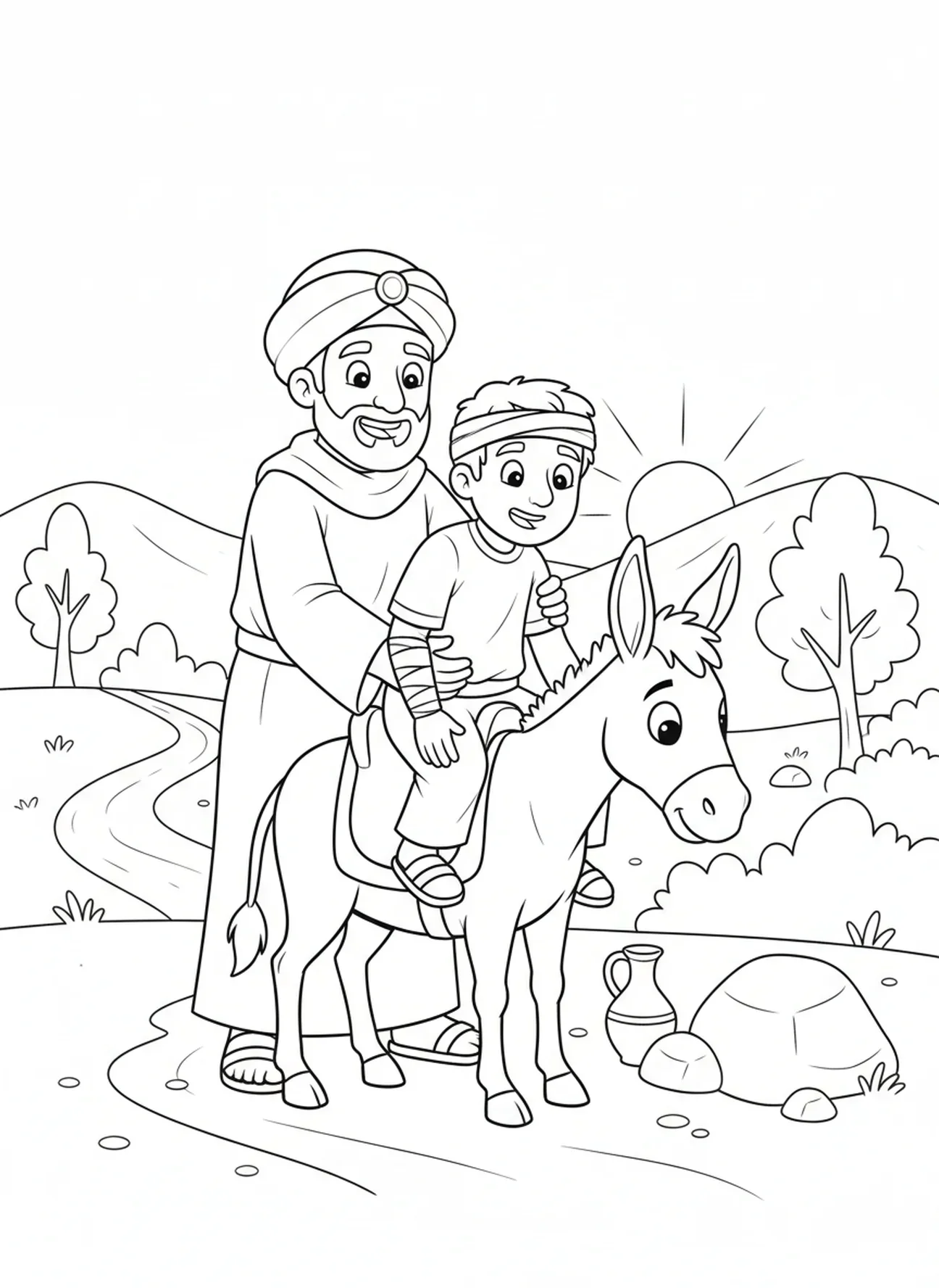 Samaritano ajudando homem, página para colorir do Bom Samaritano e o Homem Ferido na Estrada para crianças de 5 a 10 anos.