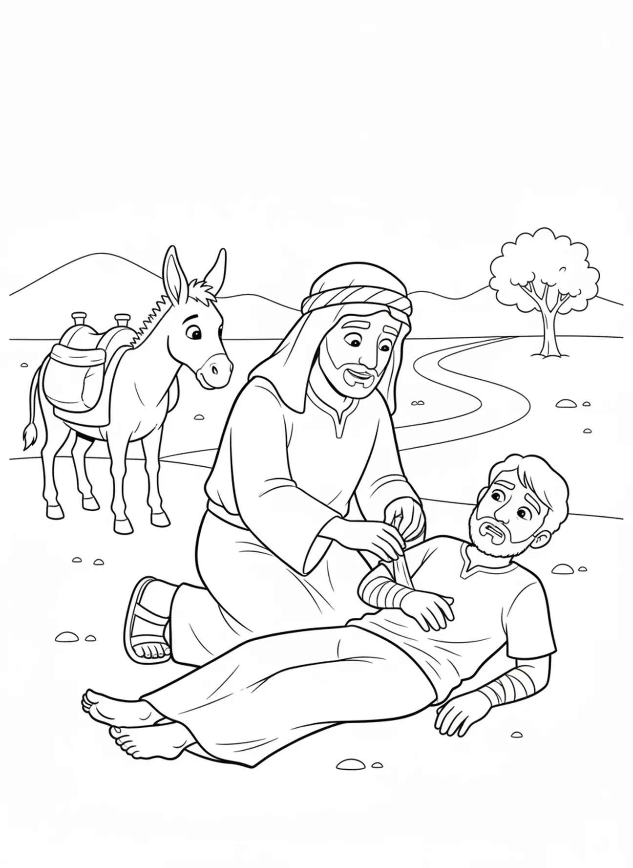 Samaritano cuidando, página para colorir do Bom Samaritano e o Homem Ferido na Estrada para crianças de 5 a 10 anos.