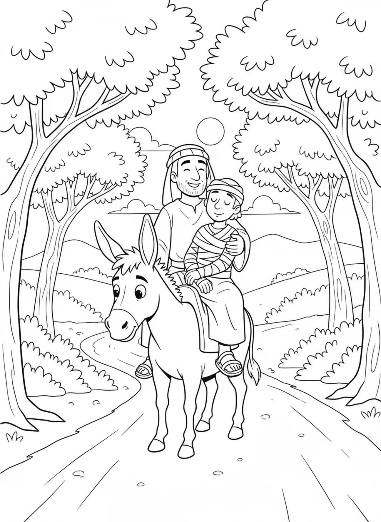 Samaritano montando em um burro, página para colorir do Bom Samaritano e o Homem Ferido na Estrada para crianças de 5 a 10 anos.