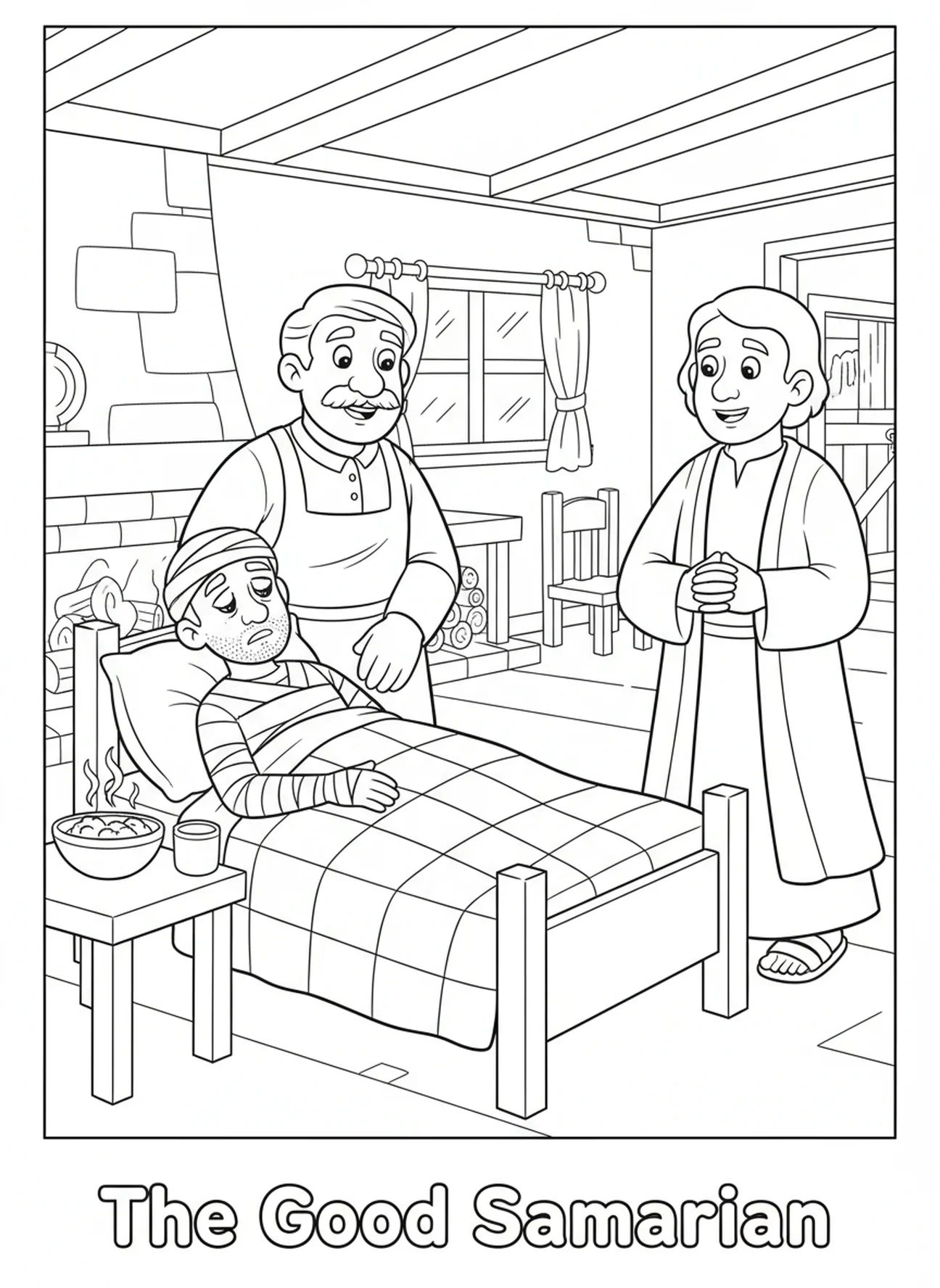Wirt kümmert sich um verletzten Mann, Gute Samariter Ausmalbild für Kinder im Alter von 5-10 Jahren.