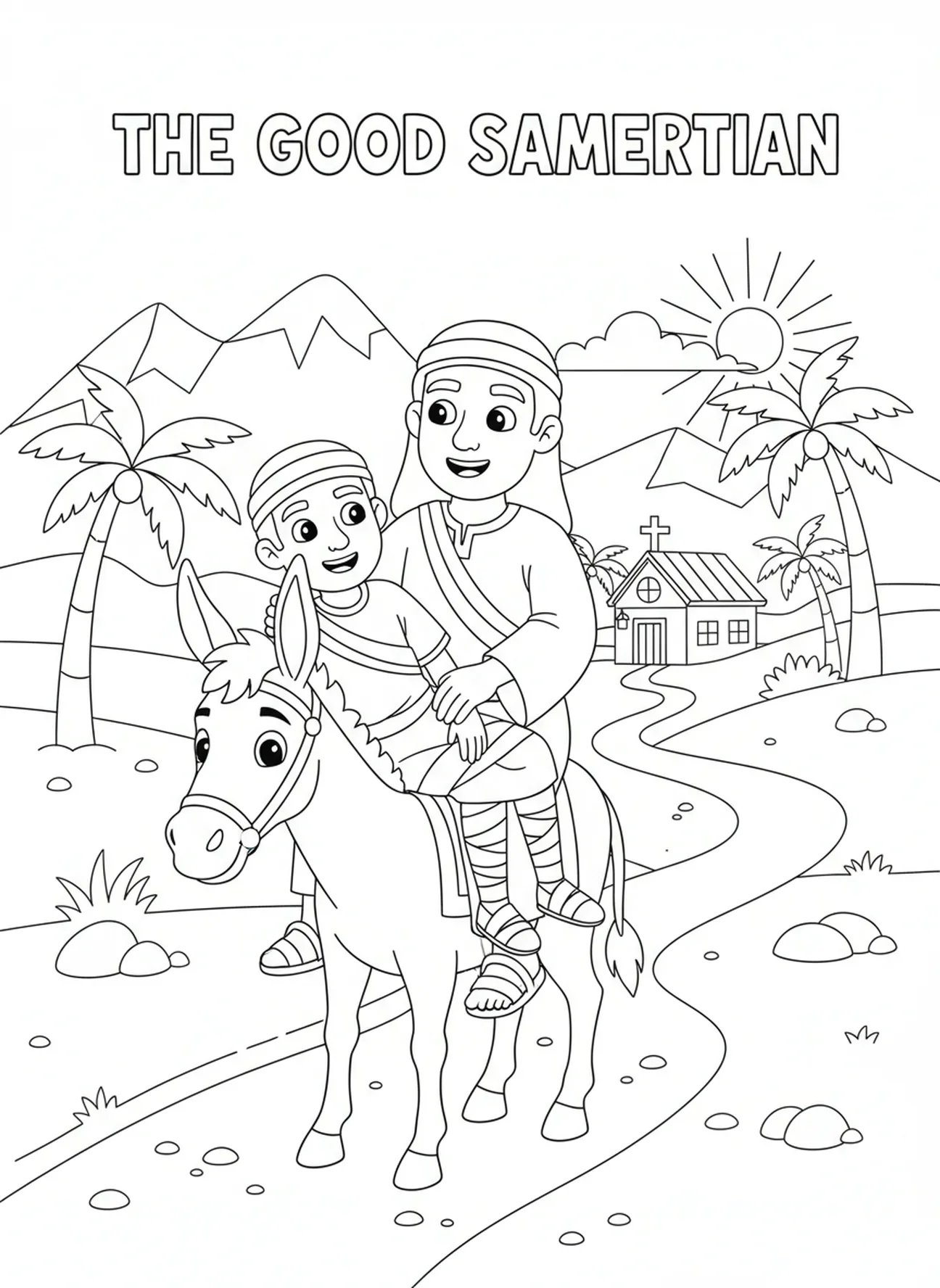 Guter Samariter auf einem Esel mit verletztem Mann, Guter Samariter im Gasthaus Ausmalbild für Kinder im Alter von 5-10 Jahren.