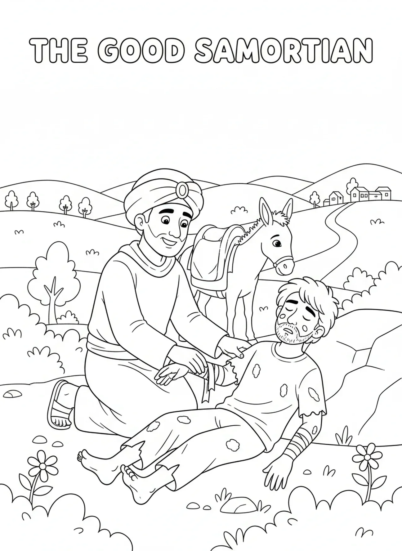 Samaritano vendando, página para colorear del Buen Samaritano ayudando a un hombre herido para niños de 5 a 10 años