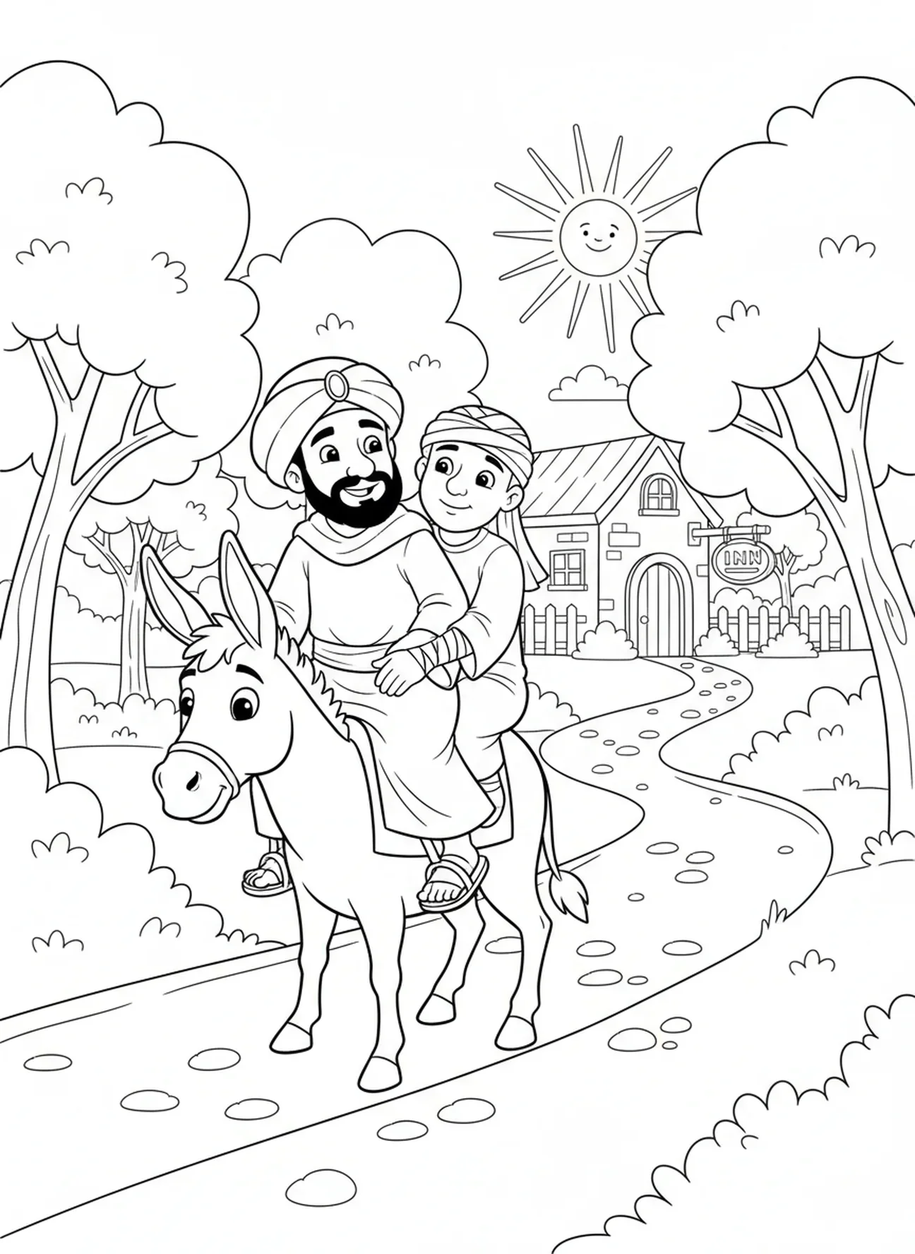 Samaritano montando un burro, página para colorear del Buen Samaritano ayudando a un hombre herido para niños de 5 a 10 años