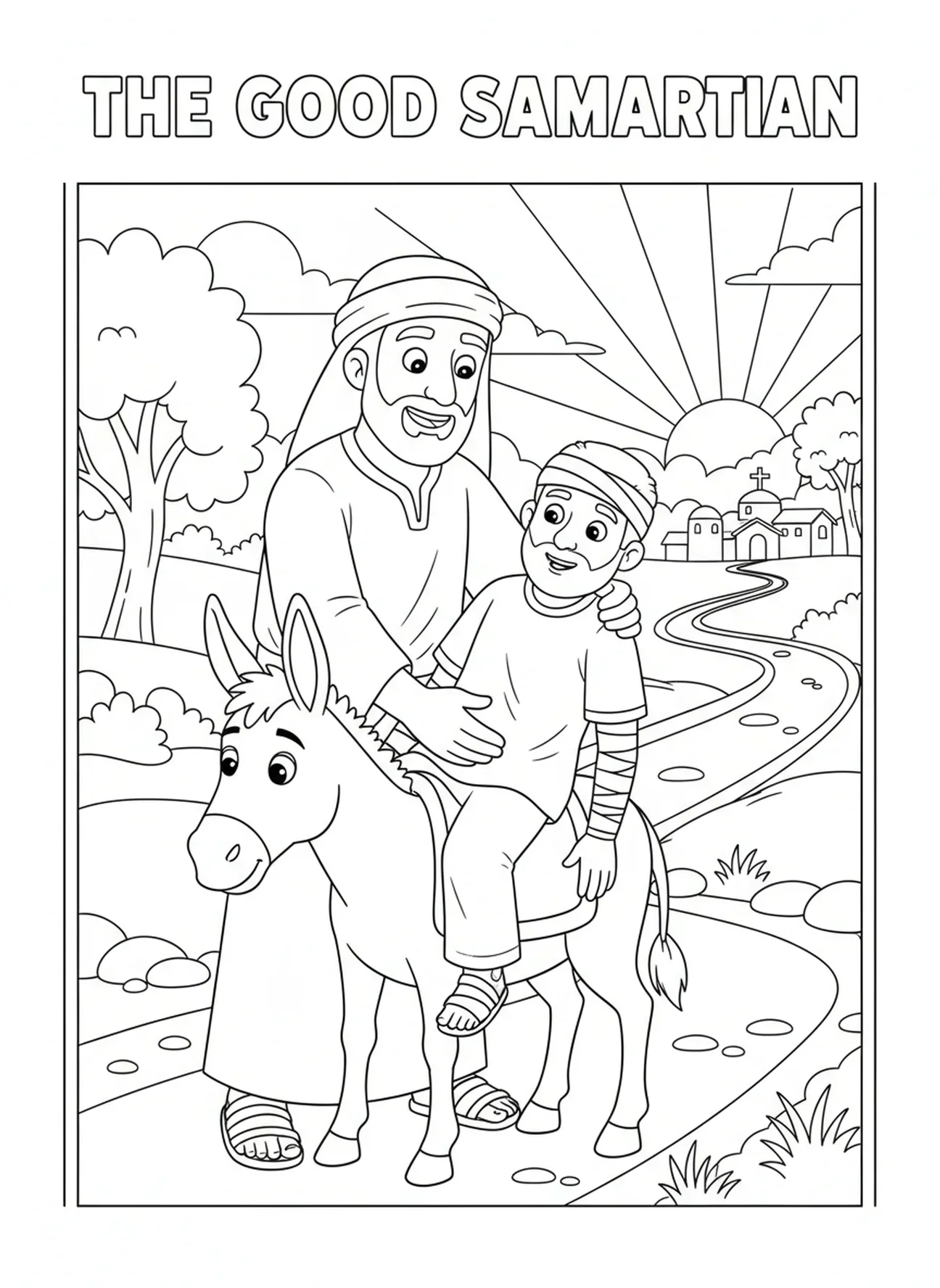 Samaritano levantando al hombre, página para colorear del Buen Samaritano ayudando a un hombre herido para niños de 5 a 10 años
