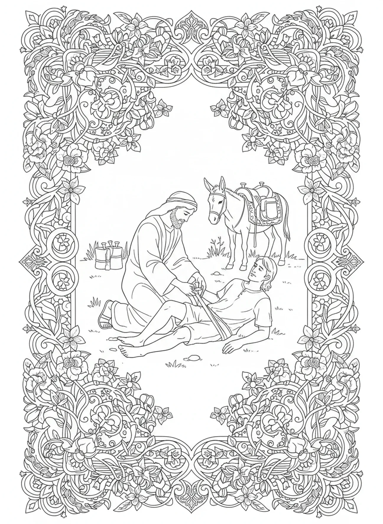 Samaritano cuidando de um homem ferido, página de colorir do Bom Samaritano para adultos no estilo de journaling bíblico.