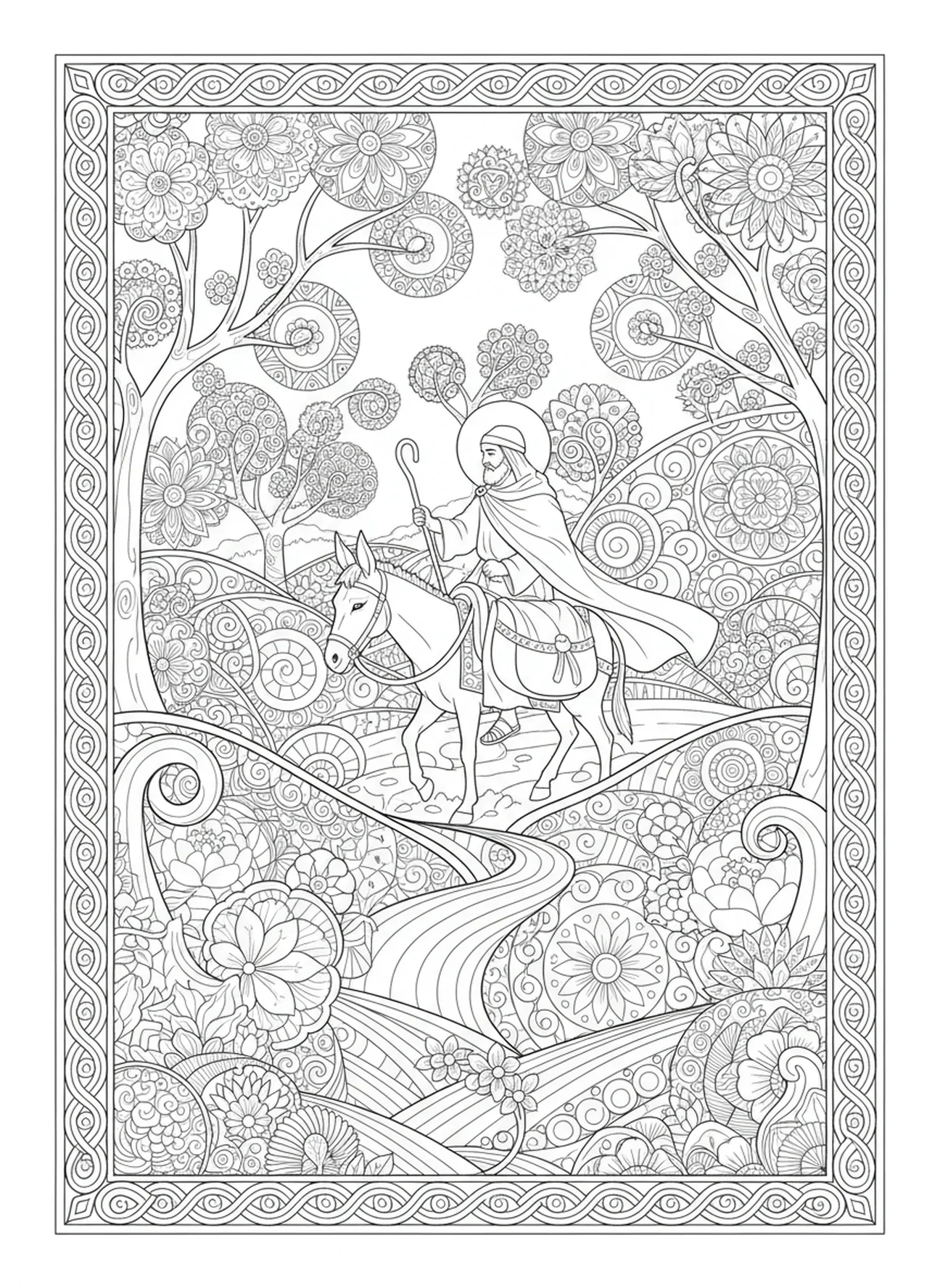 Samaritano em sua jornada de volta para casa, página de colorir do Bom Samaritano no estilo de journaling bíblico para adultos.