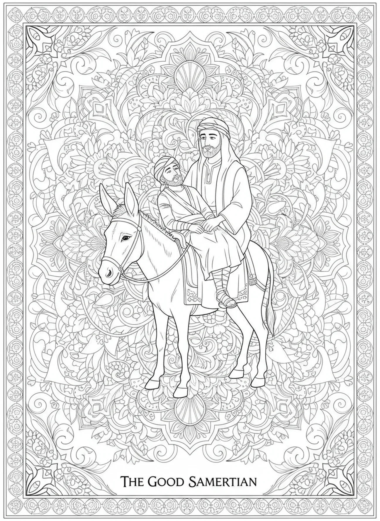 Samaritano montando um burro, página de colorir do Bom Samaritano para adultos no estilo de journaling bíblico.