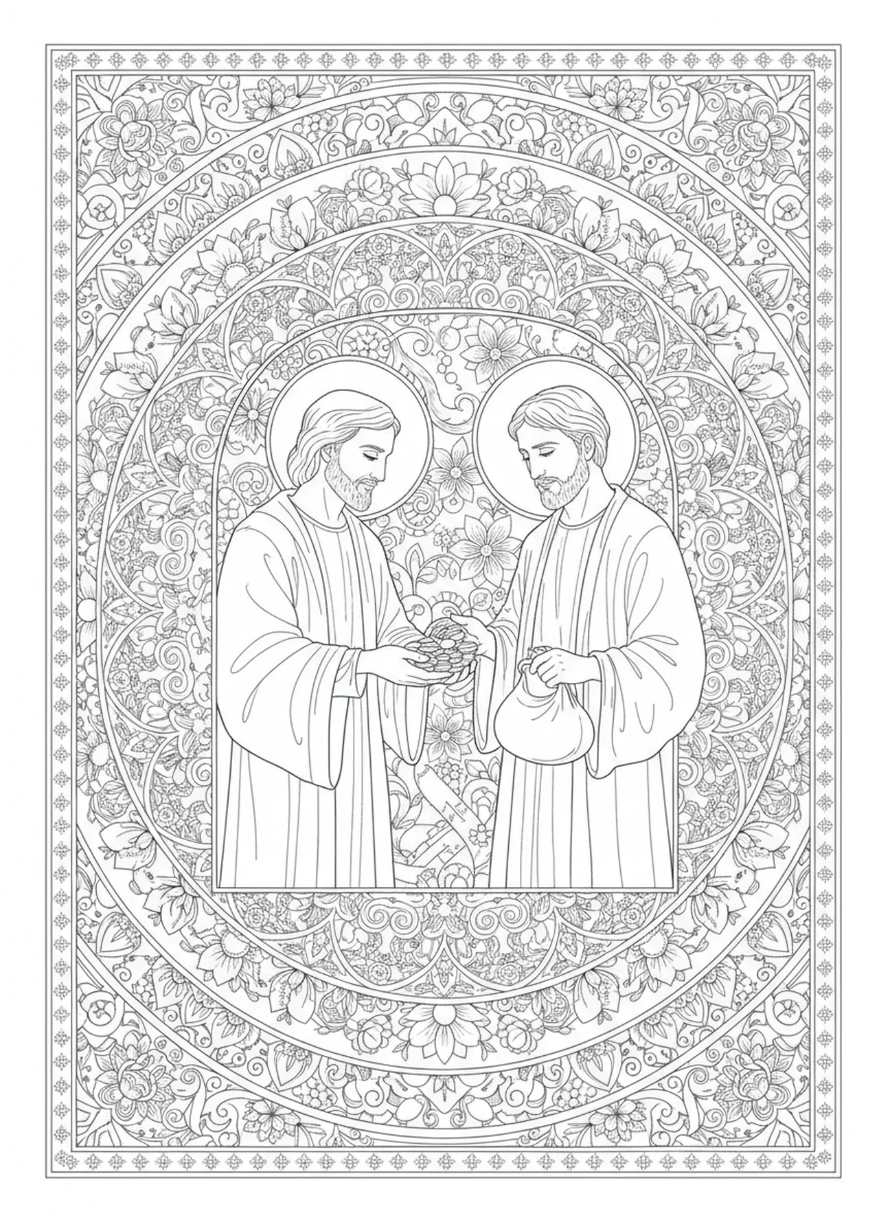 Samaritano pagando o estalajadeiro, página de colorir do Bom Samaritano no estilo de journaling bíblico para adultos.