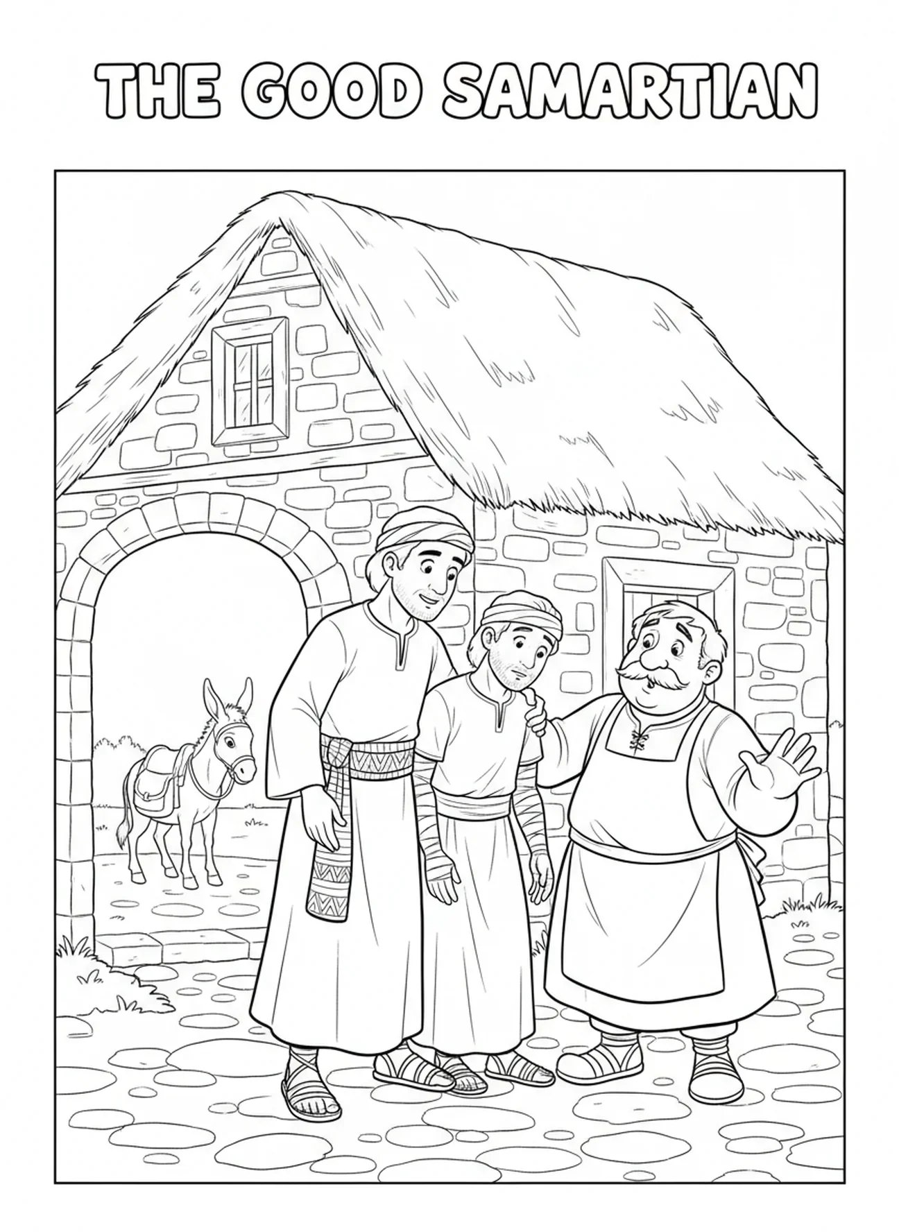 Samaritano llegando a la posada con un hombre herido, página para colorear del Buen Samaritano para niños de 5 a 10 años