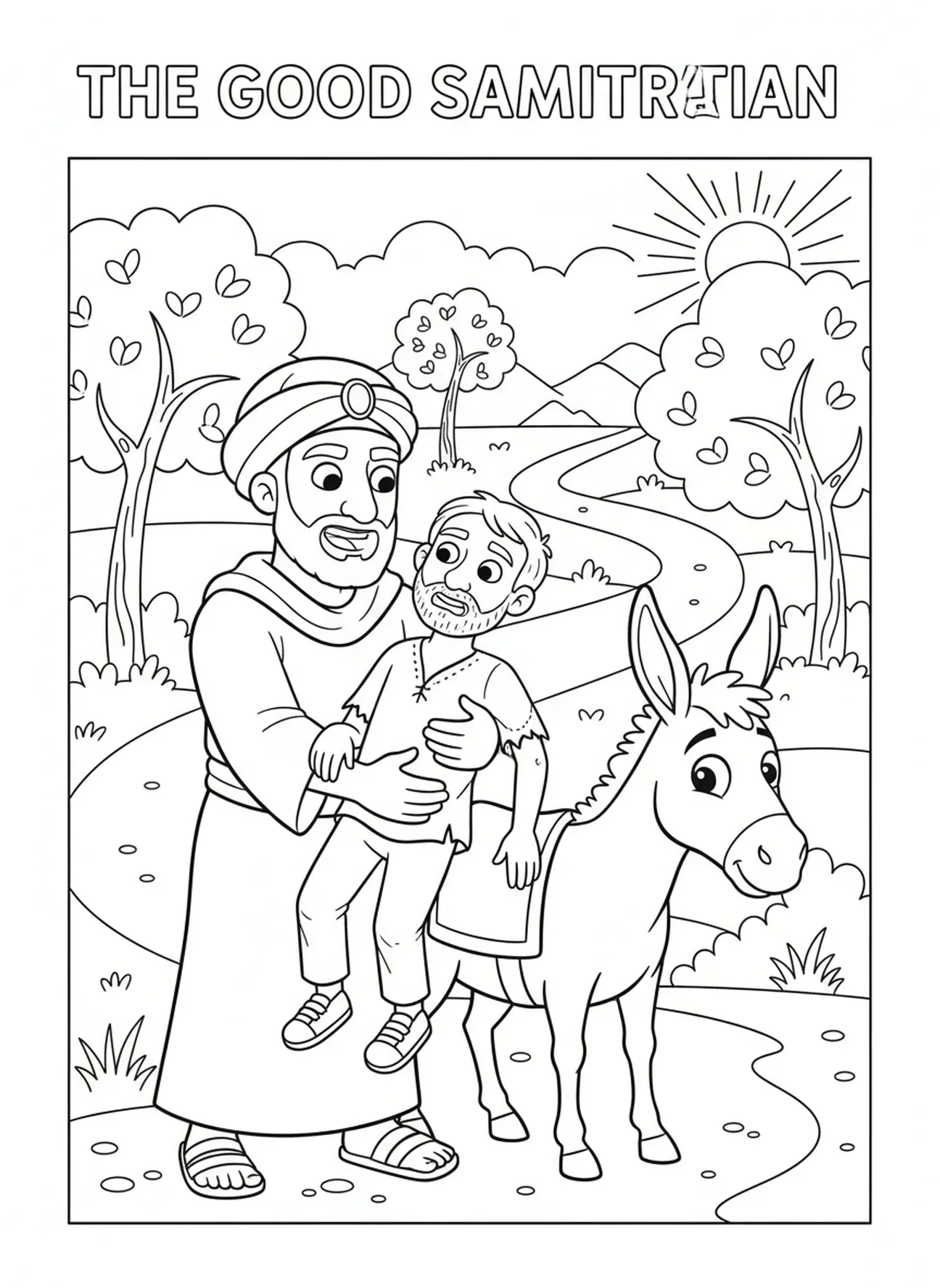 Samaritano levantando a un hombre herido sobre un burro, página para colorear del Buen Samaritano para niños de 5 a 10 años