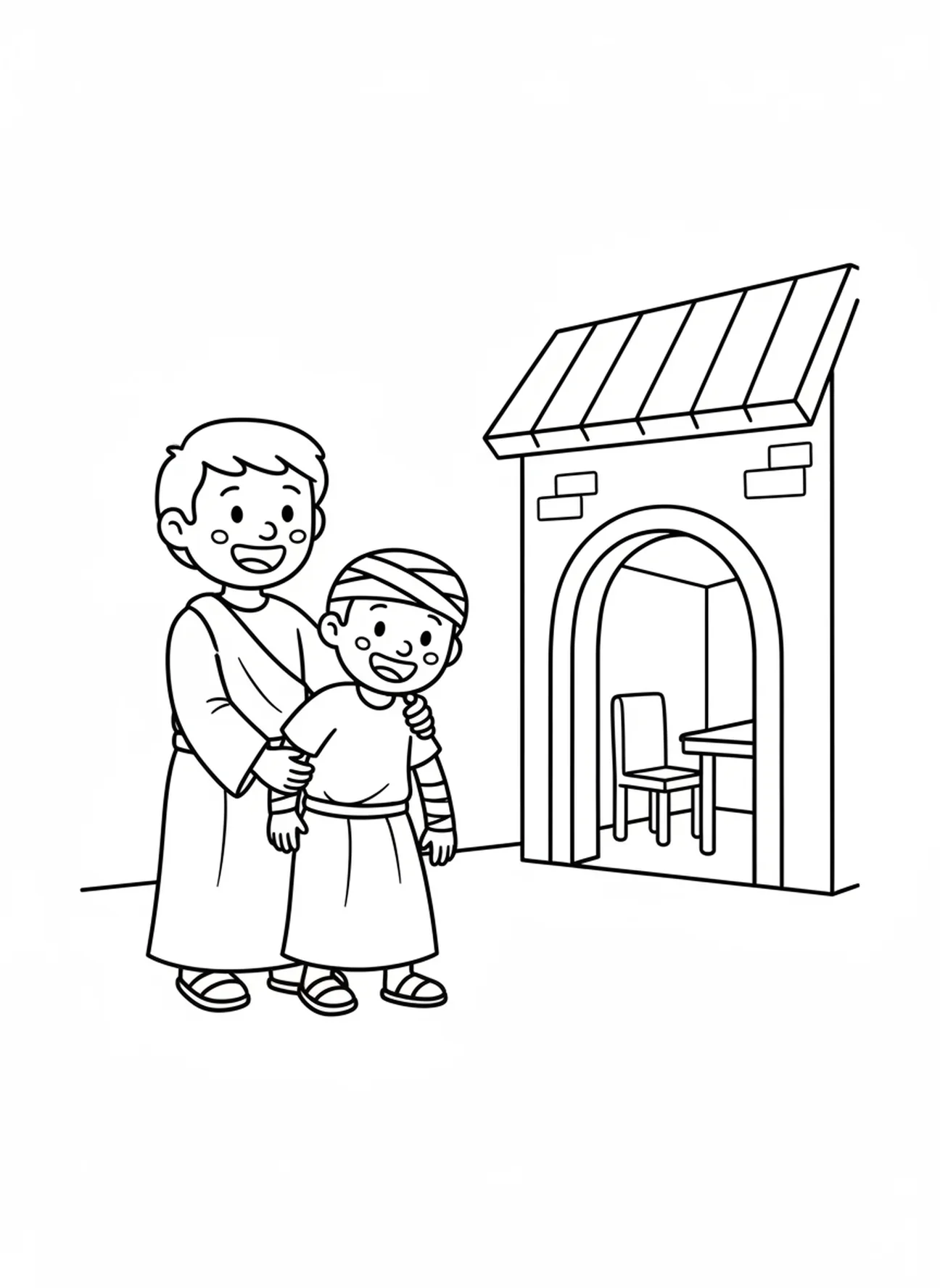 Bon Samaritain à une taverne, page à colorier Bon Samaritain pour les enfants d'âge préscolaire de 3 à 5 ans