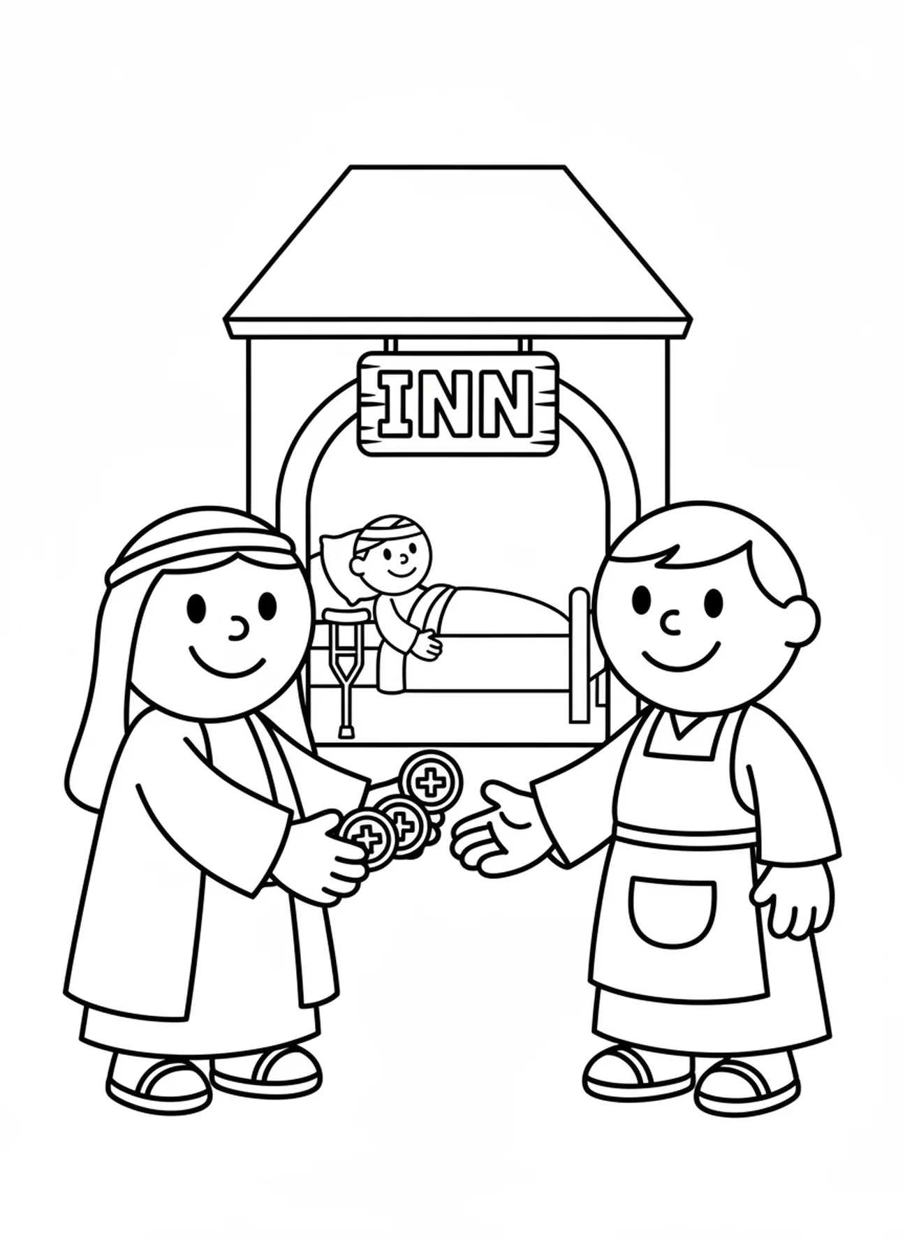 Bon Samaritain payant le tavernier, page à colorier Bon Samaritain pour les enfants d'âge préscolaire de 3 à 5 ans