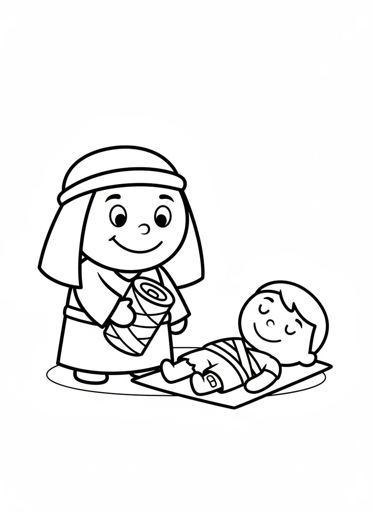 Bon Samaritain tenant des bandages, page à colorier Bon Samaritain pour les enfants d'âge préscolaire de 3 à 5 ans