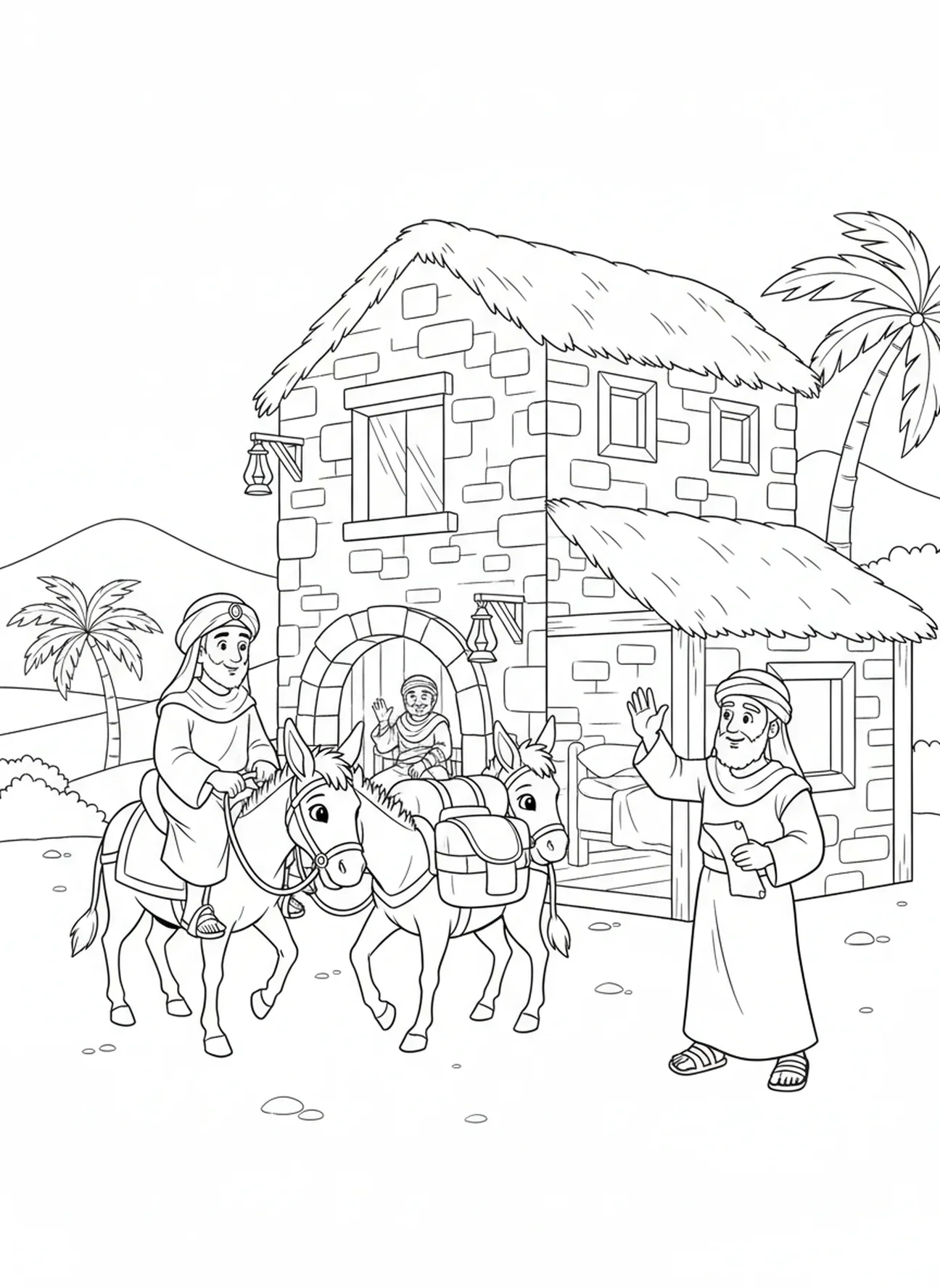 Bom Samaritano saindo da estalagem, página para colorir do Bom Samaritano para crianças da Escola Dominical de 5 a 12 anos.