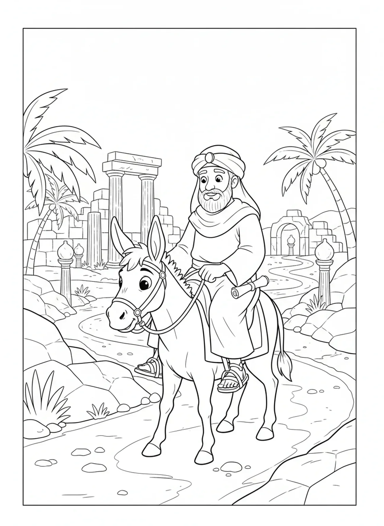 Bom Samaritano montado em seu burro com o homem ferido, página de colorir do Bom Samaritano para crianças da Escola Dominical de 5 a 12 anos.