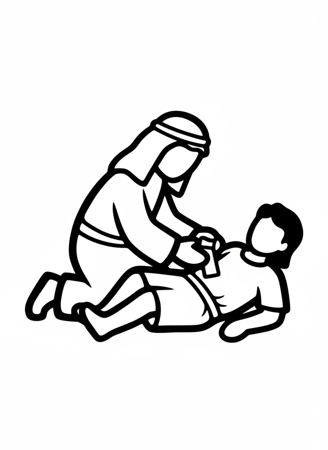 Der barmherzige Samariter verbindet den verletzten Mann, Ausmalbild für Kleinkinder im Alter von 2-3 Jahren