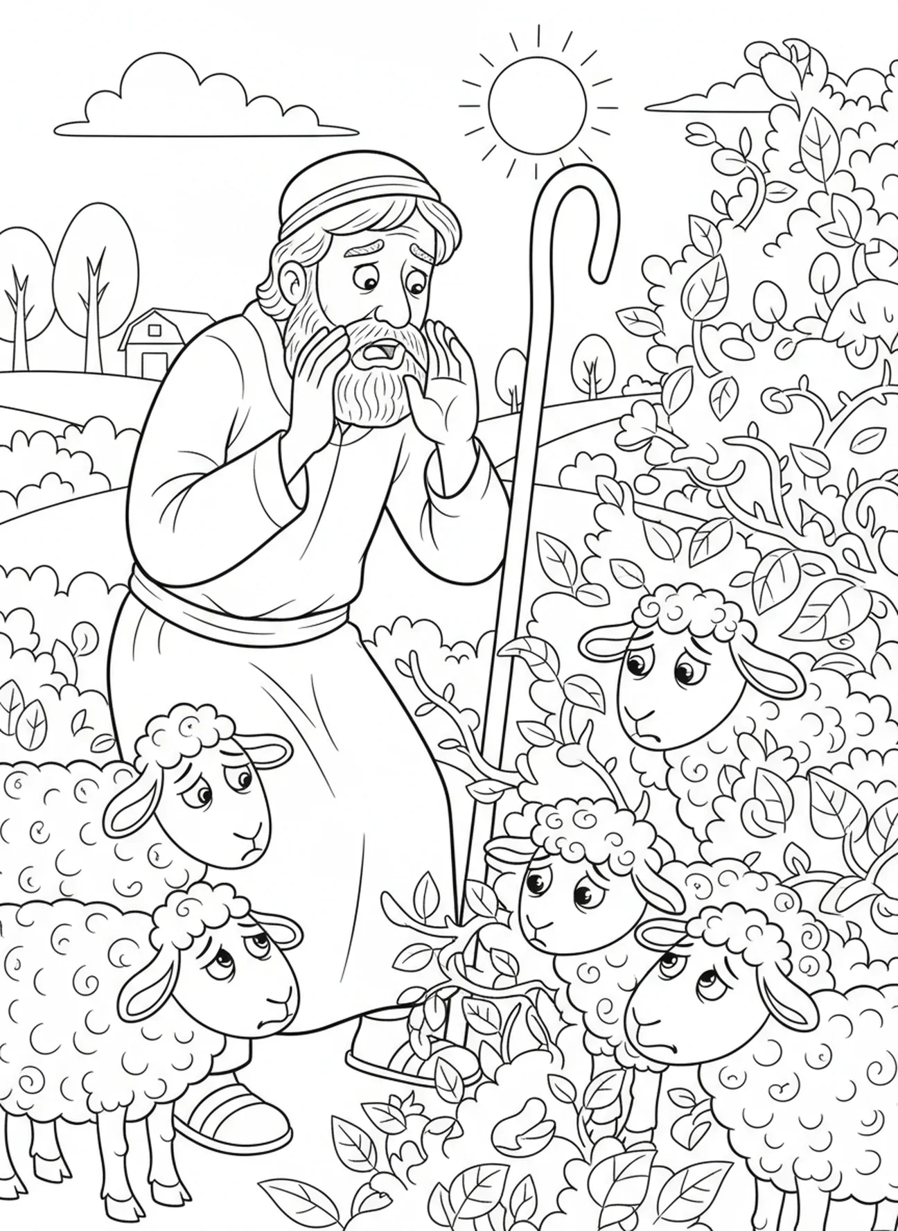 Pastor buscando un corderito perdido, página para colorear del Buen Pastor llevando un cordero para niños de 5 a 10 años.