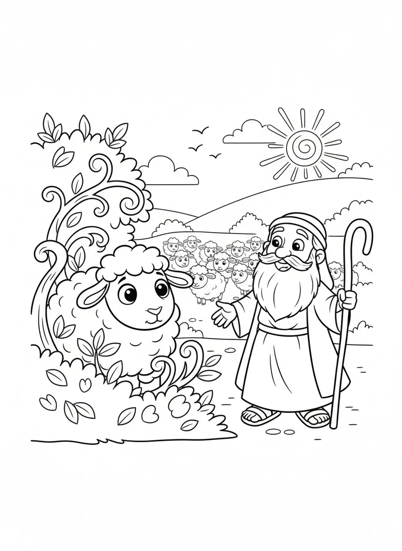 Oveja perdida adorable, Buen Pastor buscando la oveja perdida, página para colorear para niños de 5 a 10 años.