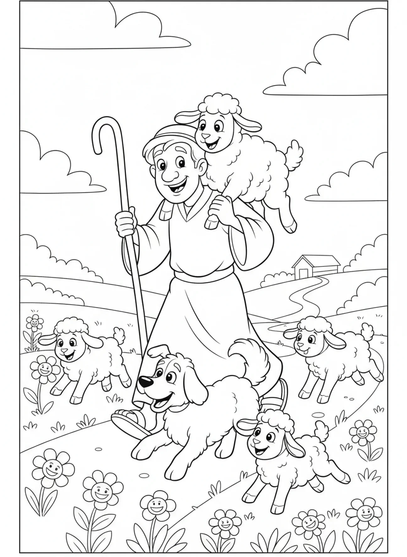 Pastor con animales, Buen Pastor buscando la oveja perdida, página para colorear para niños de 5 a 10 años.