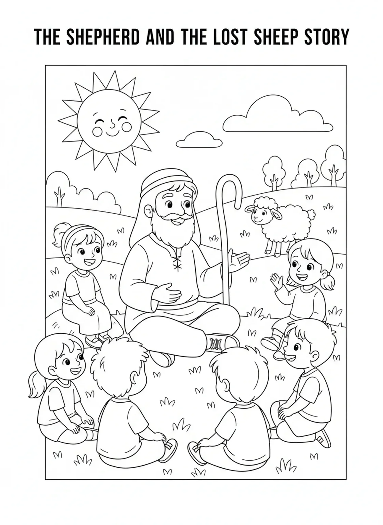 Pastor y niños, Buen Pastor buscando la oveja perdida, página para colorear para niños de 5 a 10 años.