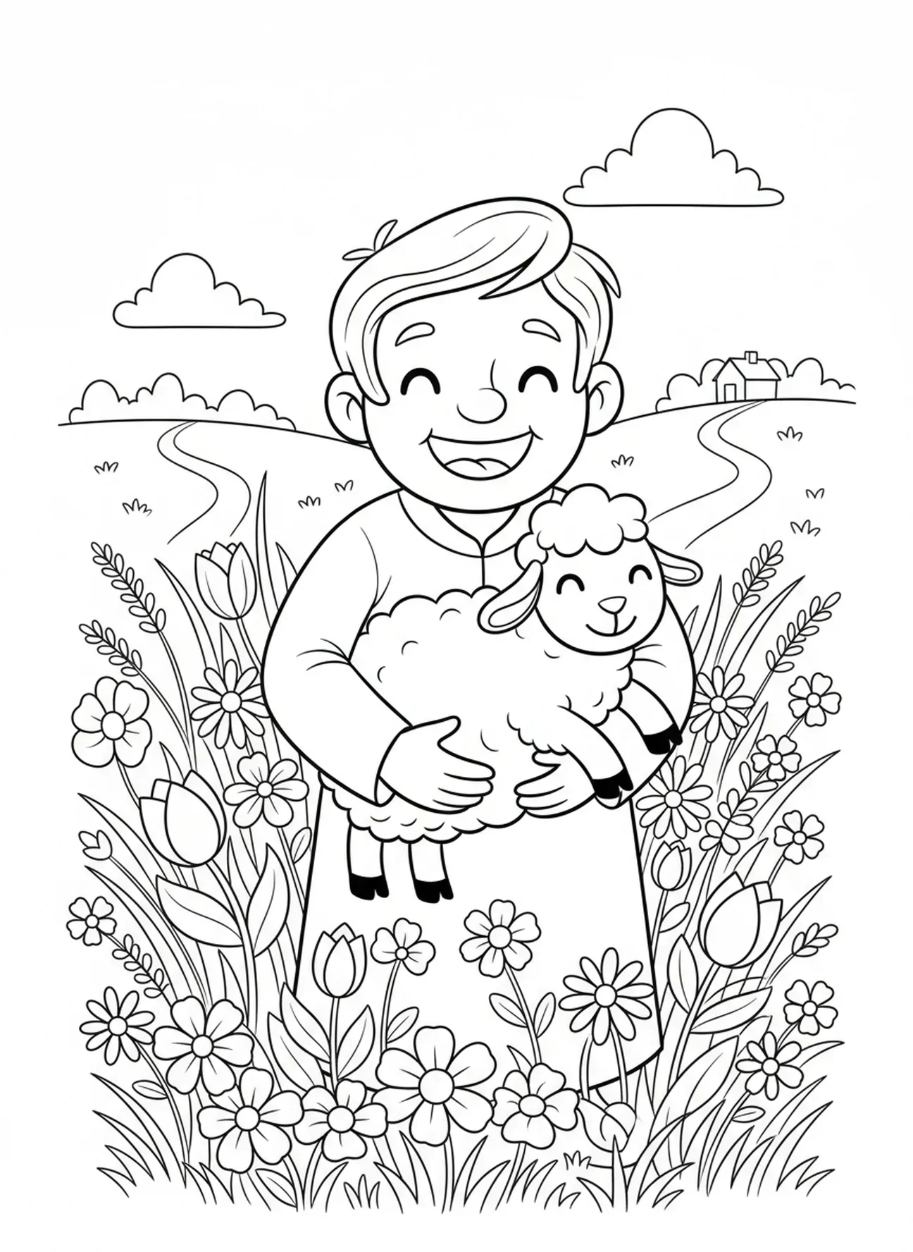 Pastor alegre, Buen Pastor buscando la oveja perdida, página para colorear para niños de 5 a 10 años.