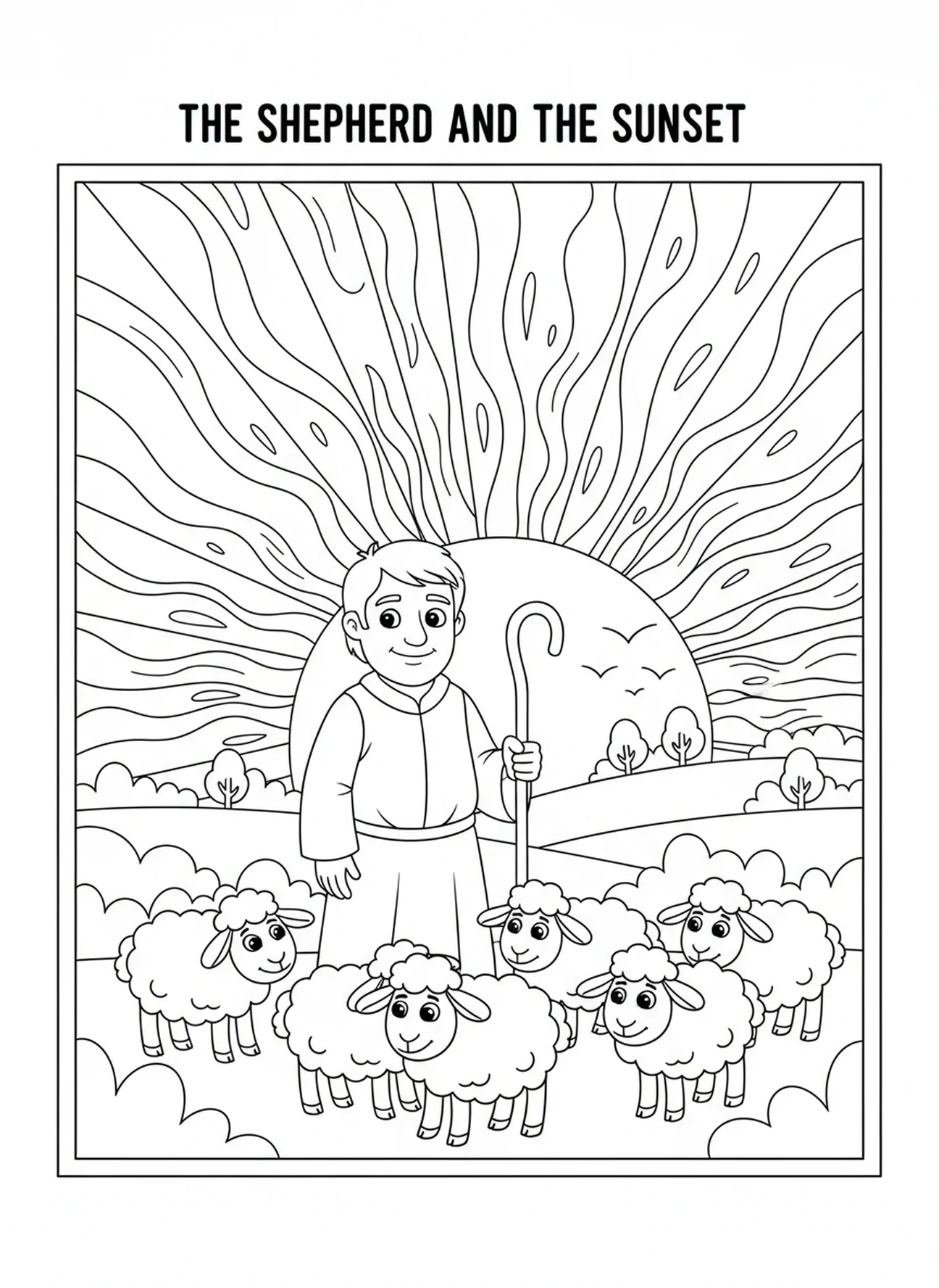 Pastor al atardecer, página para colorear del Buen Pastor buscando a la oveja perdida para niños de 5 a 10 años.