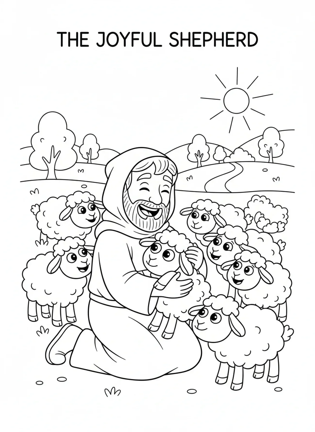 Pasteur retrouvant une brebis perdue, page à colorier Bon Pasteur avec le troupeau pour les enfants de 5 à 10 ans