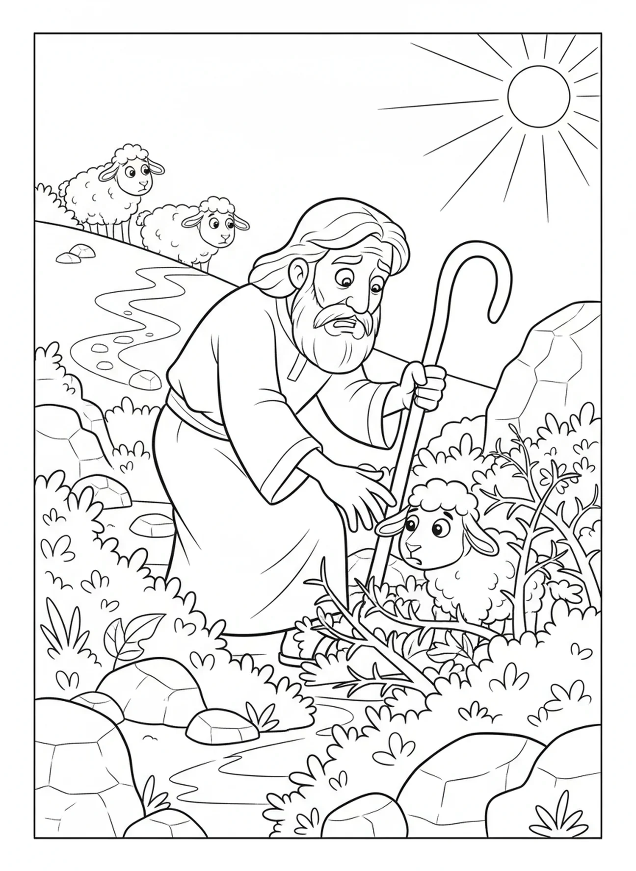 Pasteur cherchant une brebis égarée, coloriage du Bon Pasteur avec son troupeau pour les enfants de 5 à 10 ans