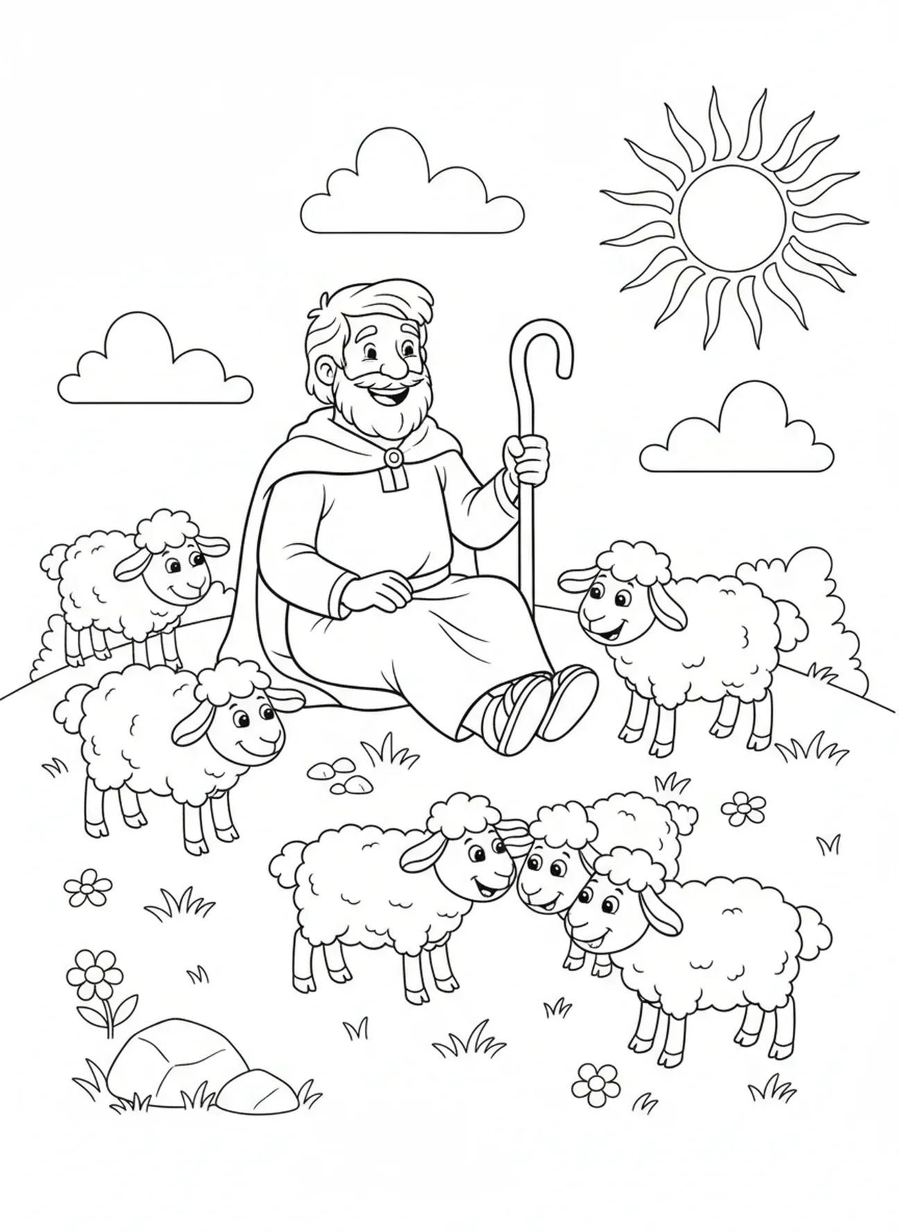 Pasteur assis avec des moutons heureux, page à colorier du Bon Pasteur avec son troupeau pour les enfants de 5 à 10 ans